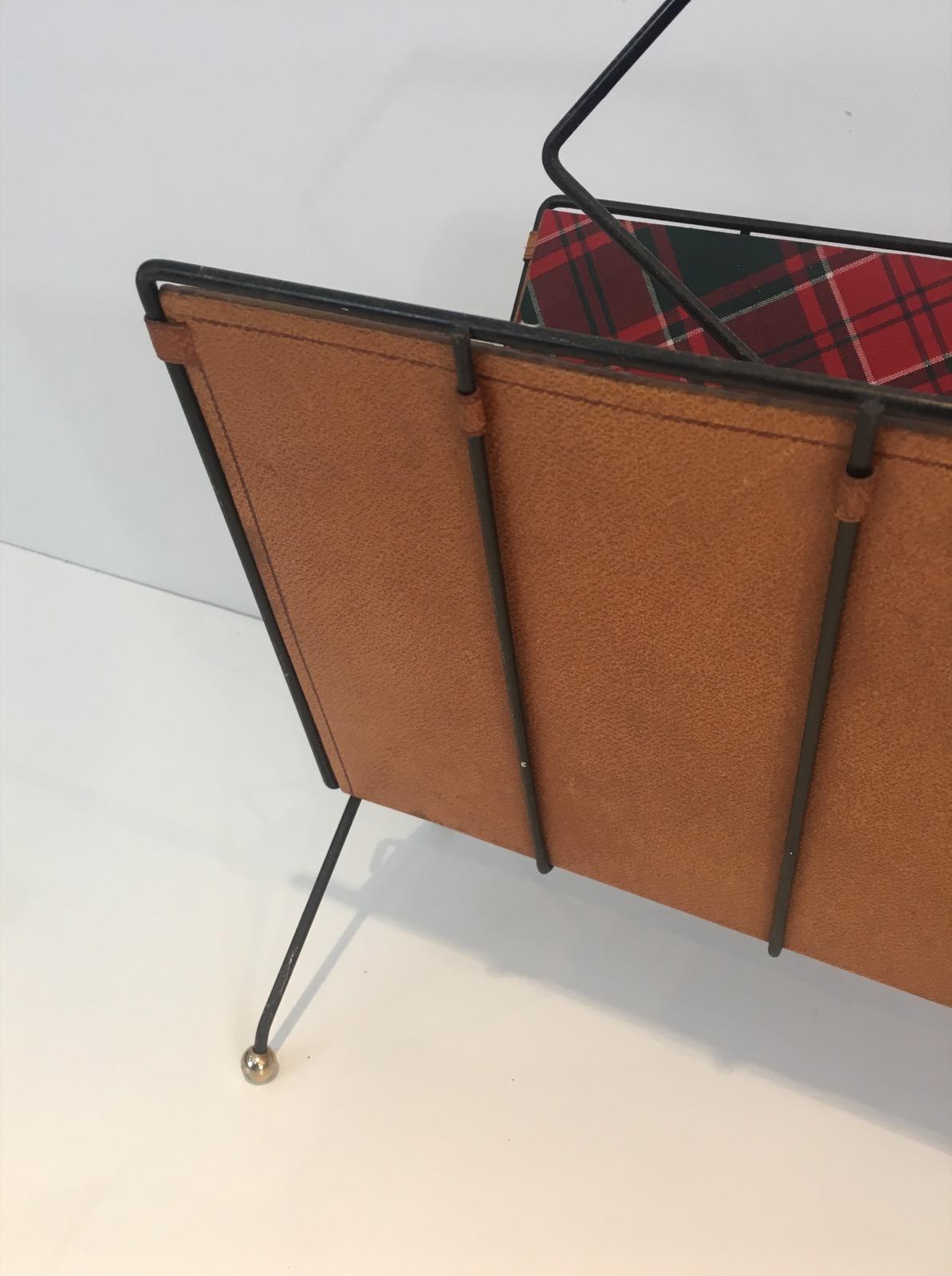 Mid-Century Modern Rare Black Lacquered Metal, Leather and Plaid Fabric Magazine Rack For Sale
