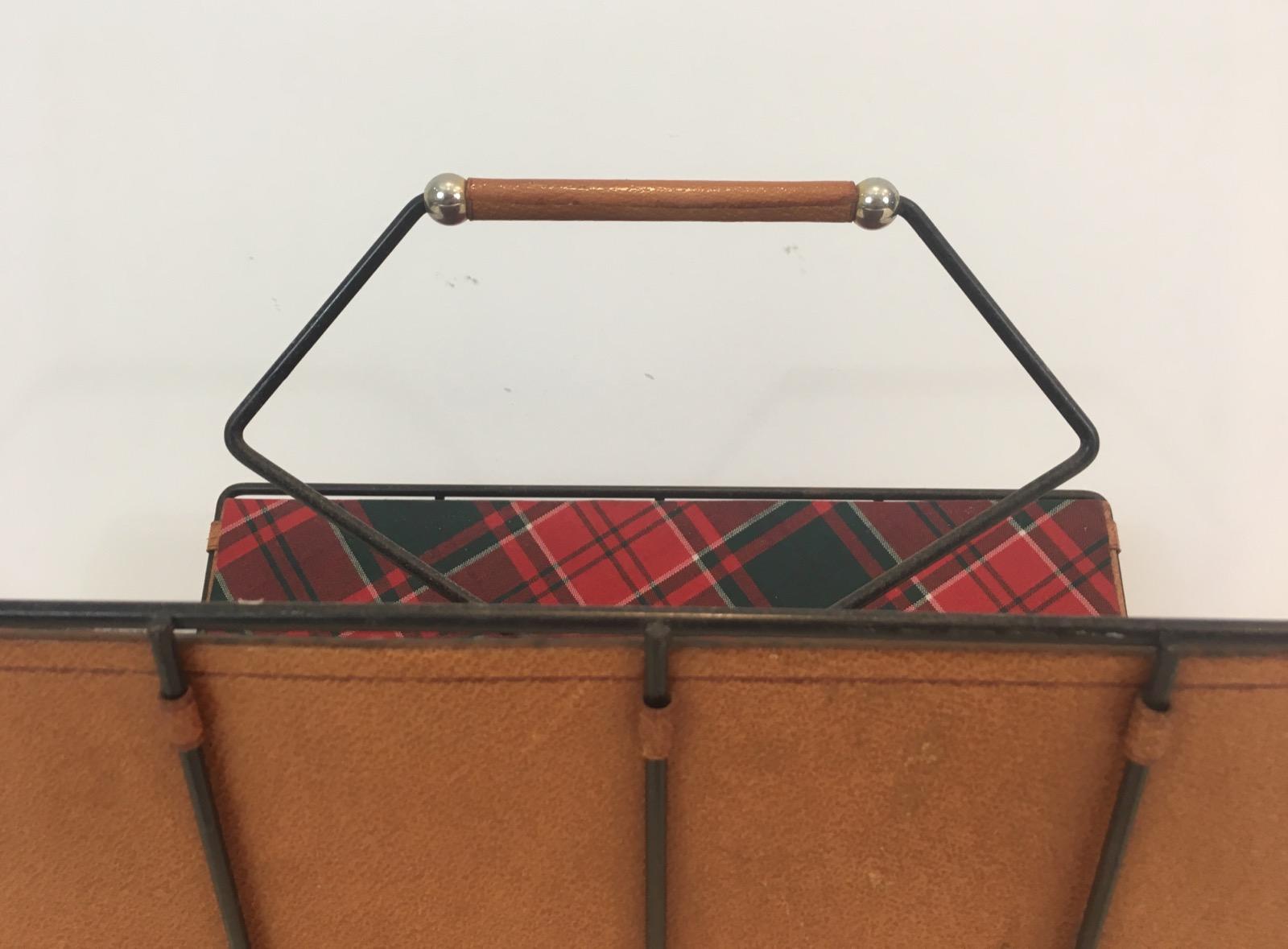 French Rare Black Lacquered Metal, Leather and Plaid Fabric Magazine Rack For Sale