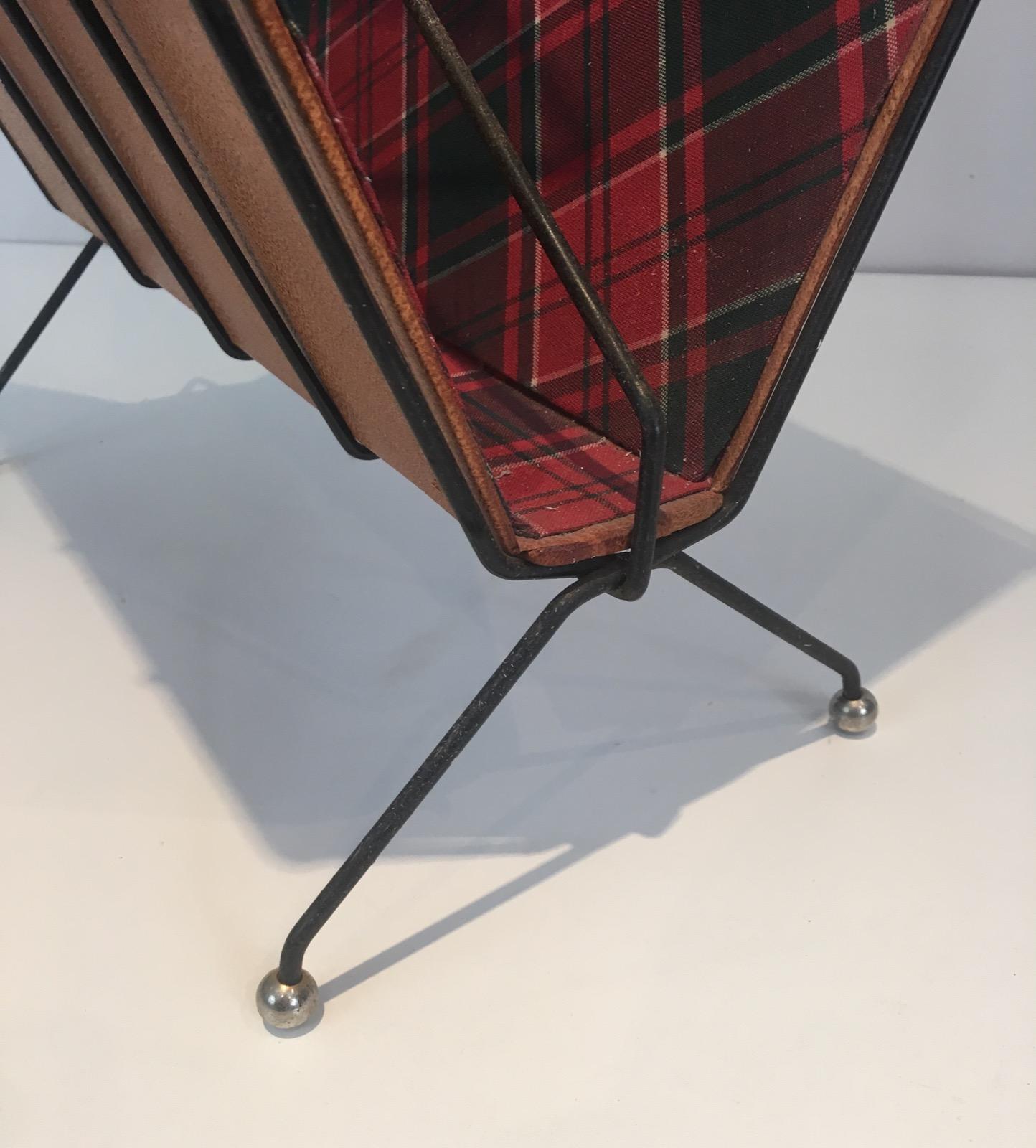 Rare Black Lacquered Metal, Leather and Plaid Fabric Magazine Rack For Sale 1