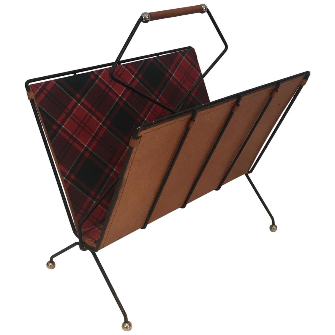 Rare Black Lacquered Metal, Leather and Plaid Fabric Magazine Rack For Sale