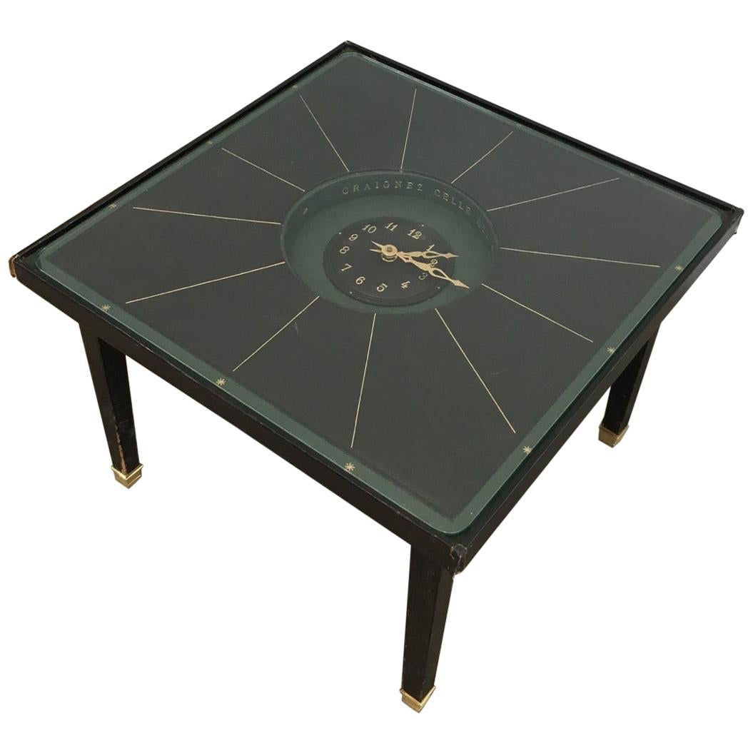 Rare Black Leather and Brass Small Clock Table In the Style of Jacques Adnet For Sale