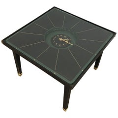 Rare Black Leather and Brass Small Clock Table In the Style of Jacques Adnet