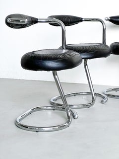 Rare Black Leather "Cobra" Space Age Dining Chairs by Giotto Stoppino, Chrome