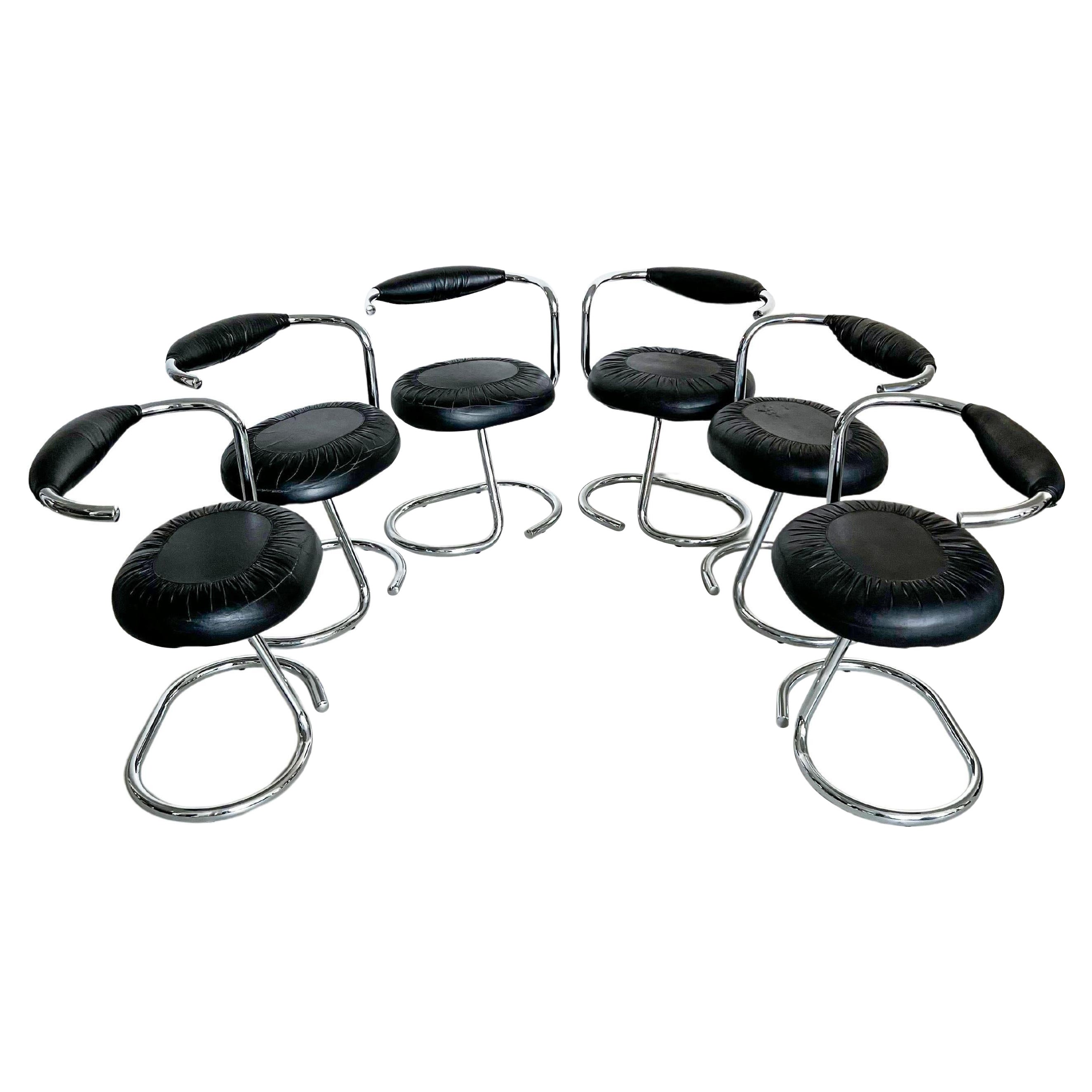 Rare Black Leather "Cobra" Space Age Dining Chairs by Giotto Stoppino, Chrome For Sale