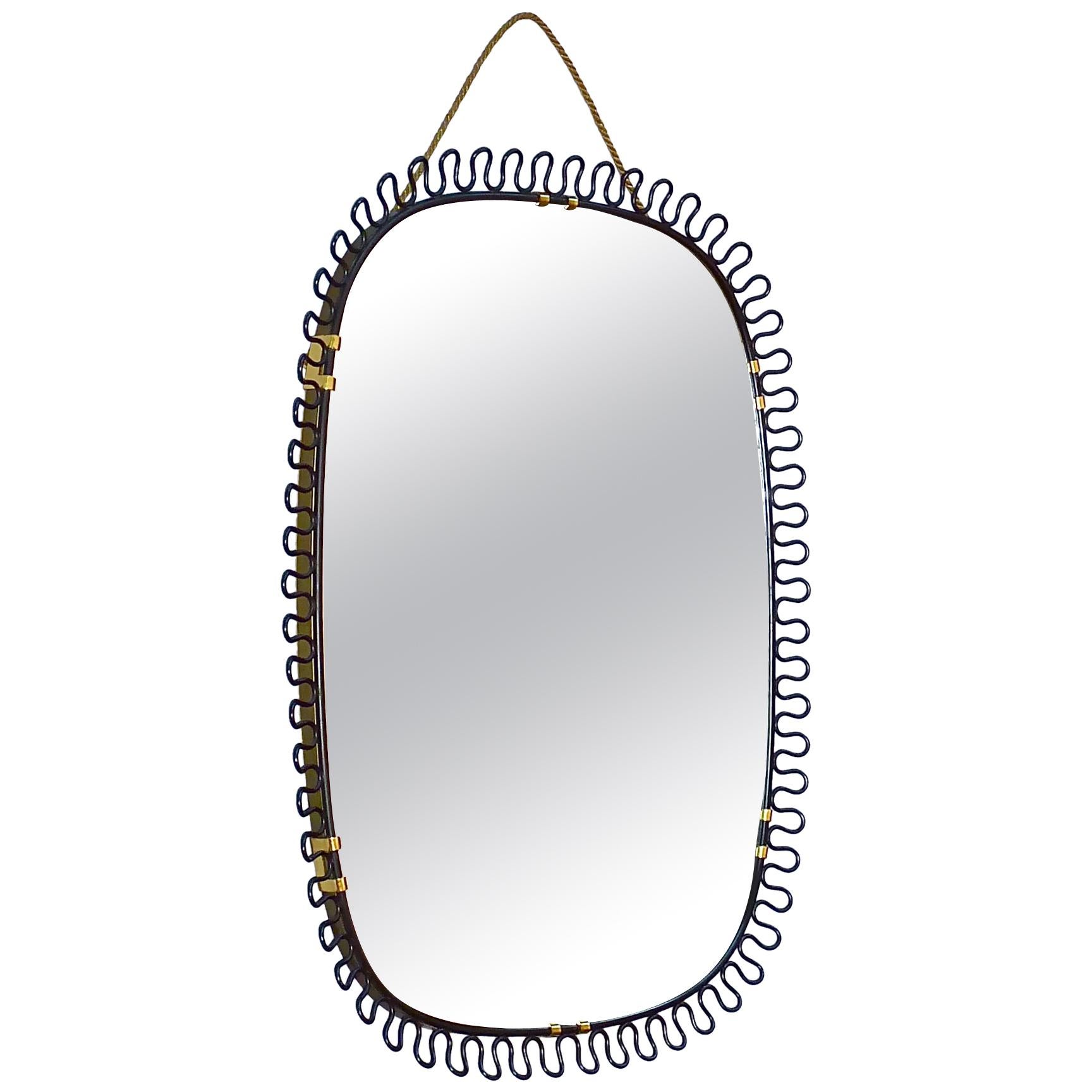 Rare Black Wall Mirror by Josef Frank Svenskt Tenn Austria Sweden Brass, 1950s