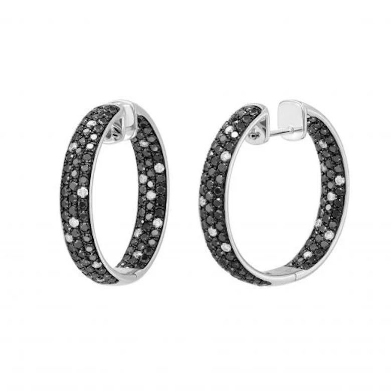 Baguette Cut Rare Black White Diamond Hoop White 14k Gold Earrings for Her For Sale