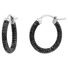 Rare Black White Diamond Hoop White 14k Gold Earrings for Her