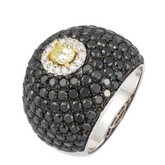 Rare Black Yellow Diamond White Gold 18K Dome Ring for Her
