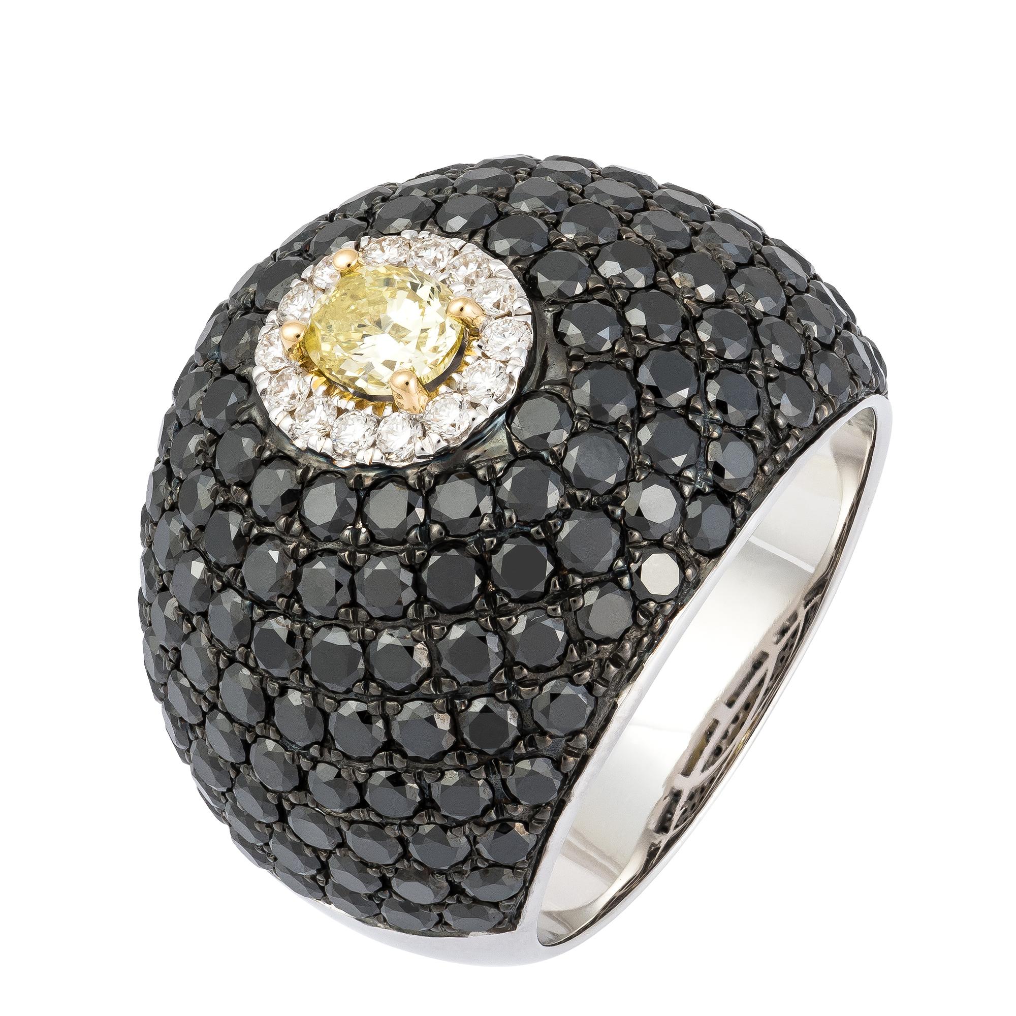 Round Cut Rare Black Yellow Diamond White Gold 18K Dome Ring for Her For Sale