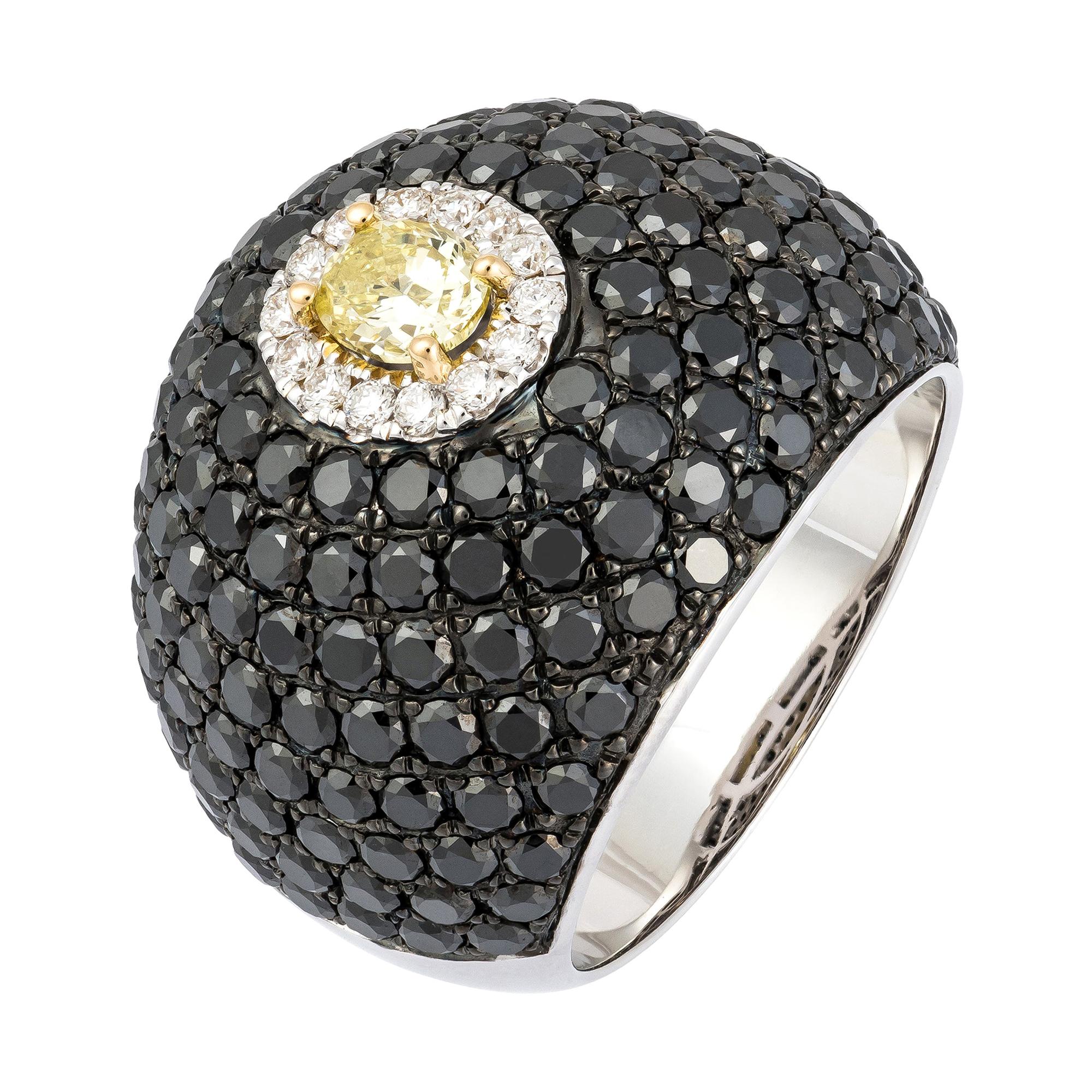 Rare Black Yellow Diamond White Gold 18K Dome Ring for Her For Sale