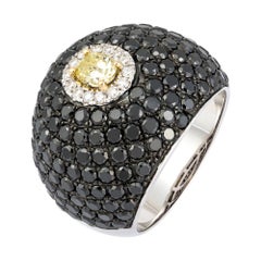 Rare Black Yellow Diamond White Gold 18K Dome Ring for Her