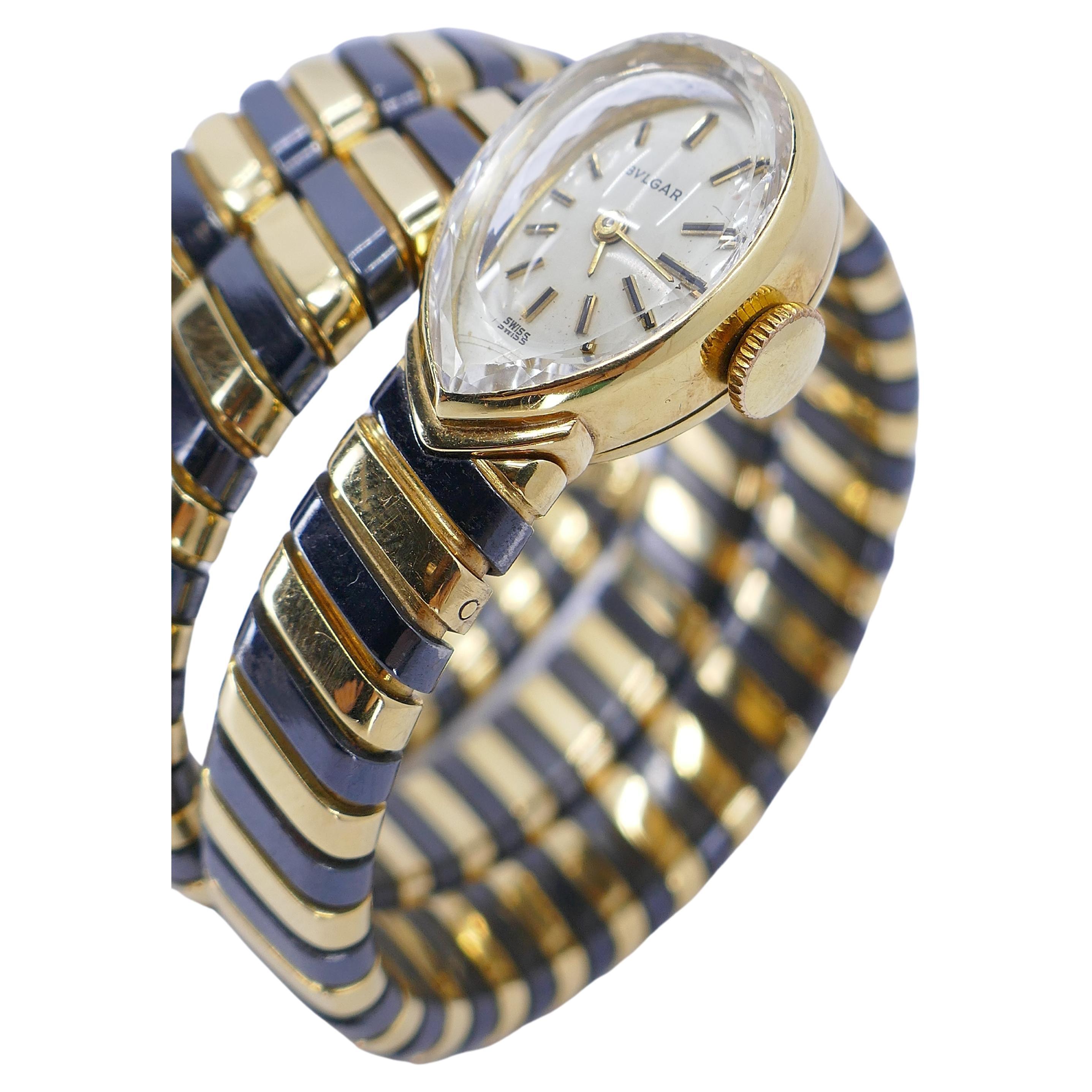 Seltene geschwärzte Bulgari-Uhr Tubogas-Armband aus Goldschwarz Damen im Angebot