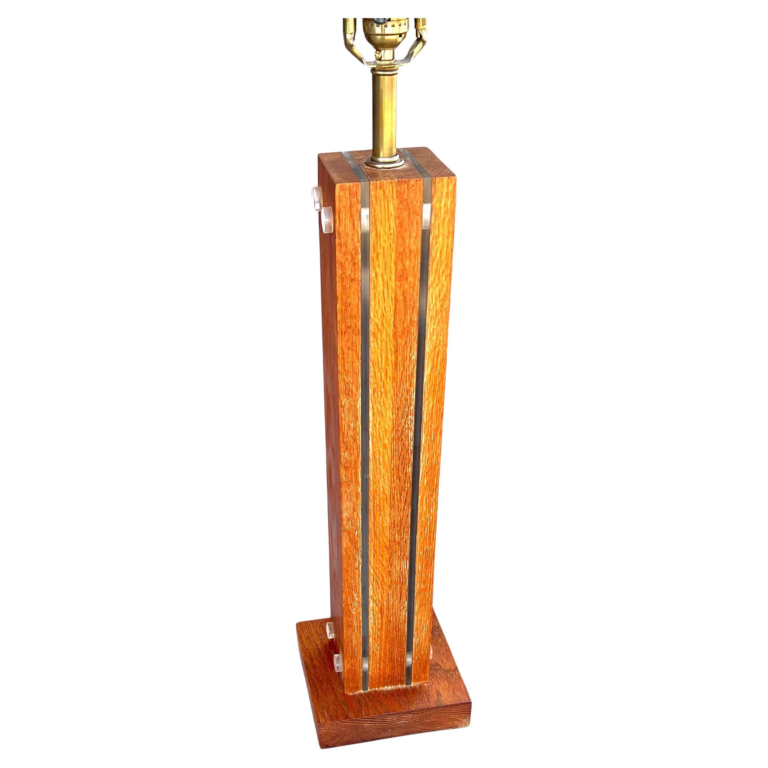 Impressive rare desk/table lamp solid red cerused oak in teak finish with lucite plates abd brass neck , circa 1970's great condition rare piece excellent condition no lamp shade included its 28.5