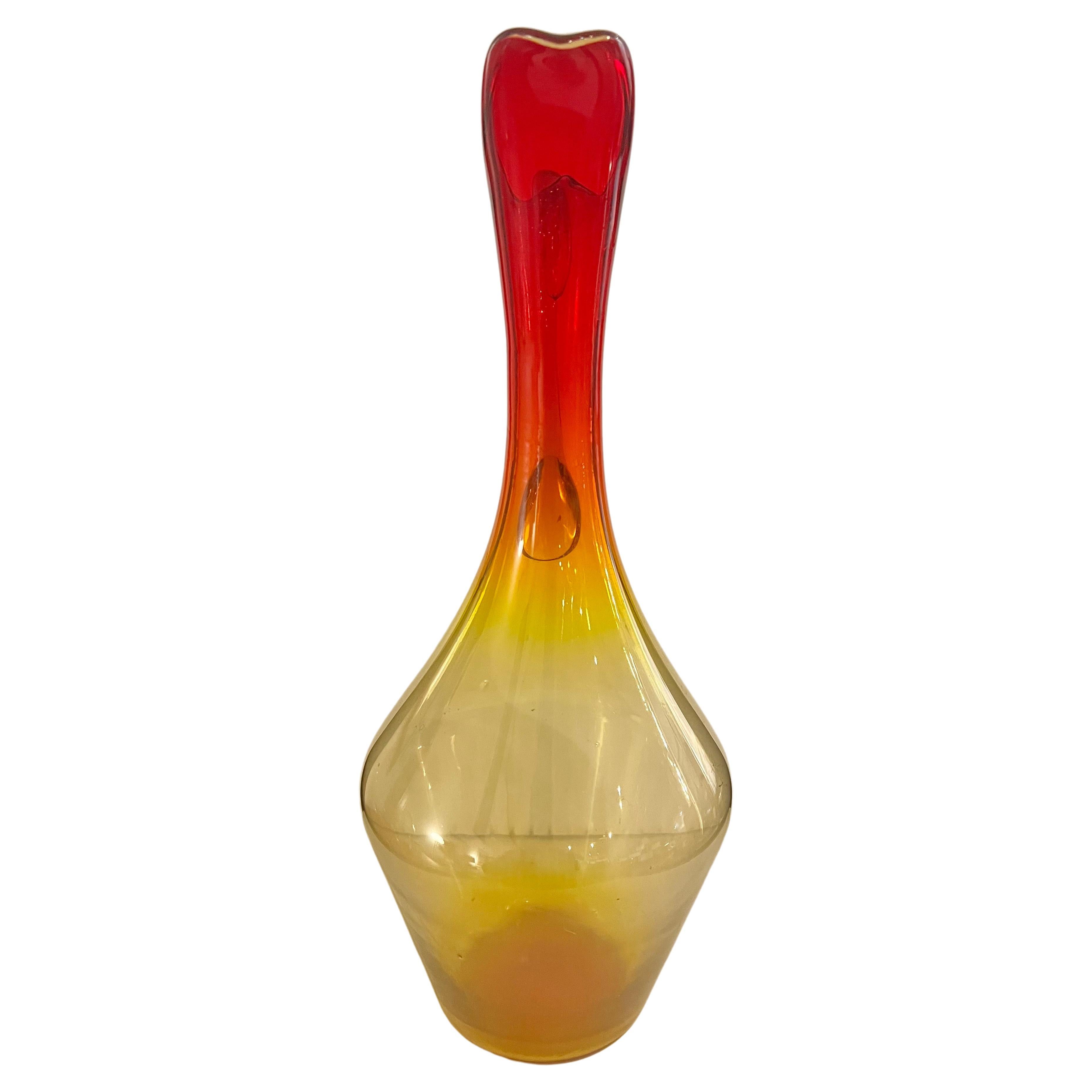 Scandinavian Modern Rare Blenko Amberine Tall Mouth Blown Glass Pitcher For Sale