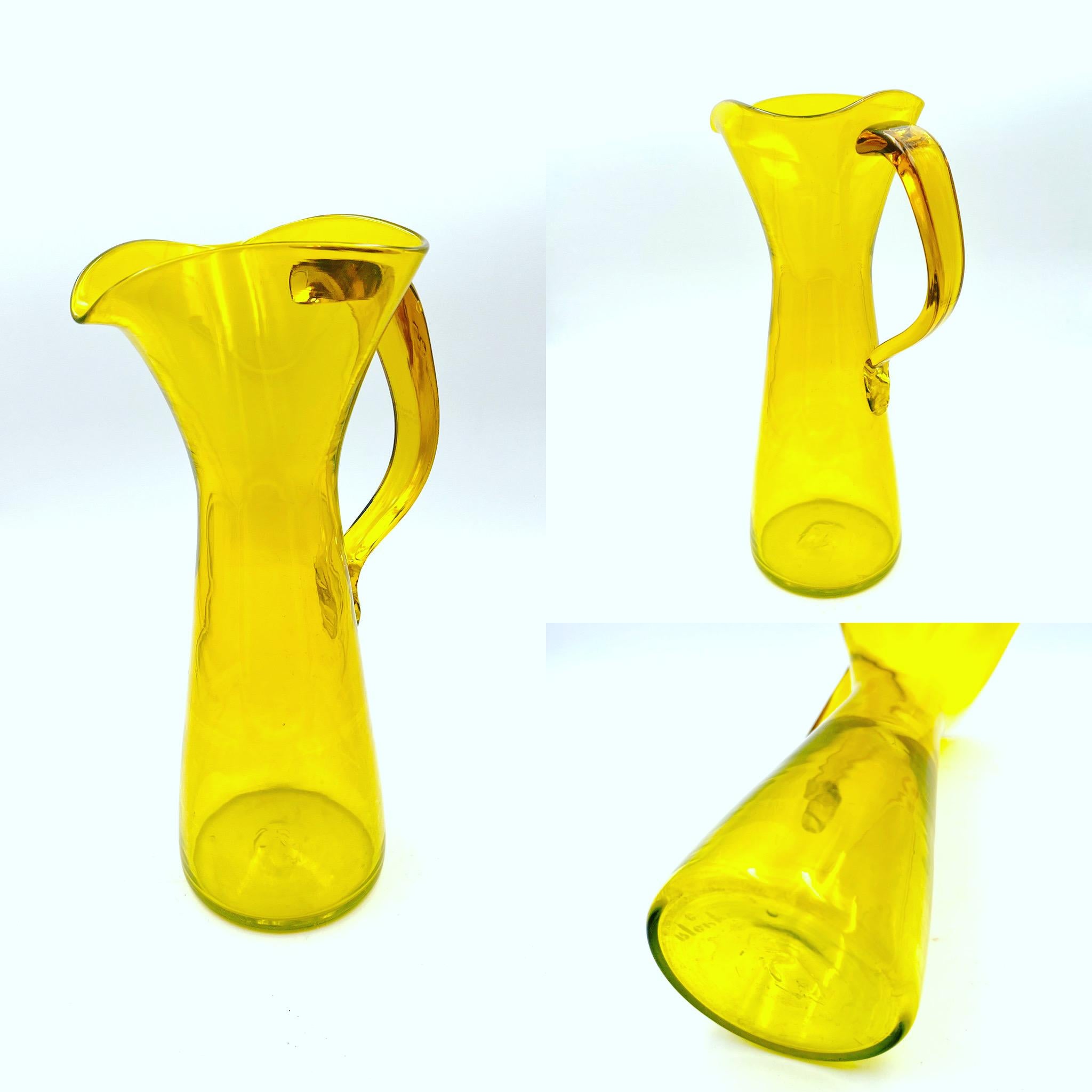 Scandinavian Modern Rare Blenko Tall Yellow Mouth Blown Glass Pitcher