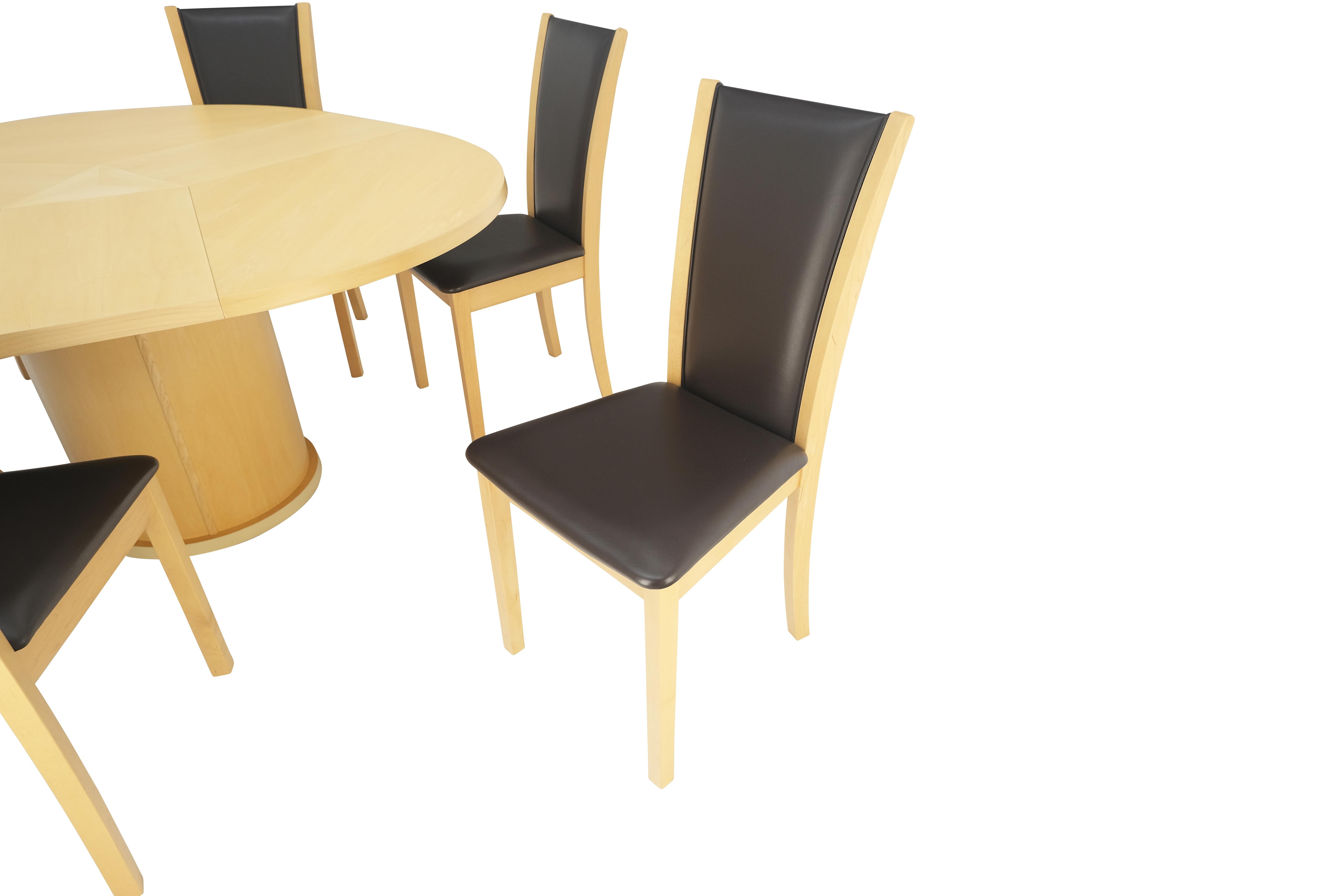 Leather Rare Blond Maple Round Expandable Dining Table 6 Chairs Set Set Denmark MINT!  For Sale