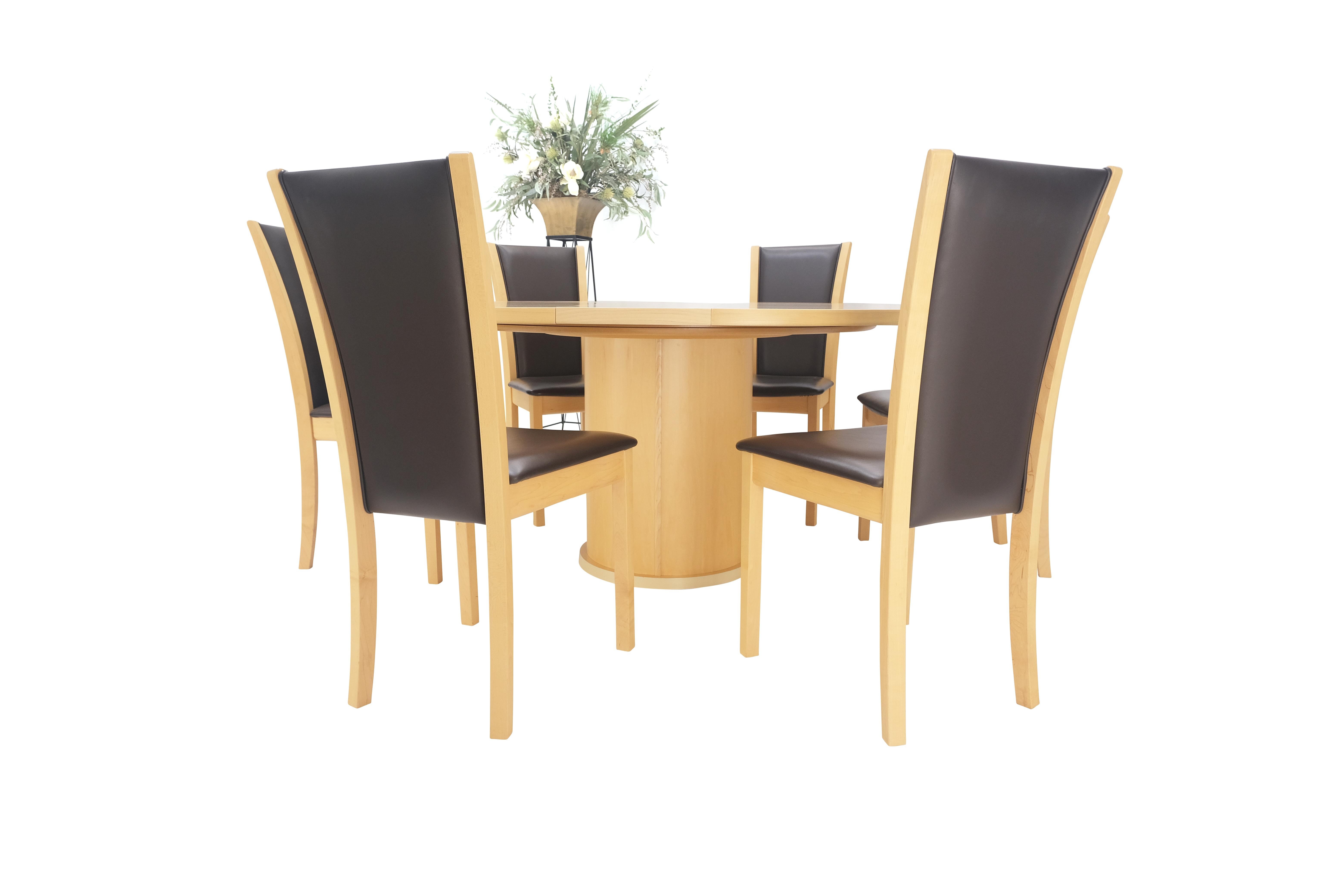 Rare Blond Maple Round Expandable Dining Table 6 Chairs Set Set Denmark MINT!  For Sale 1