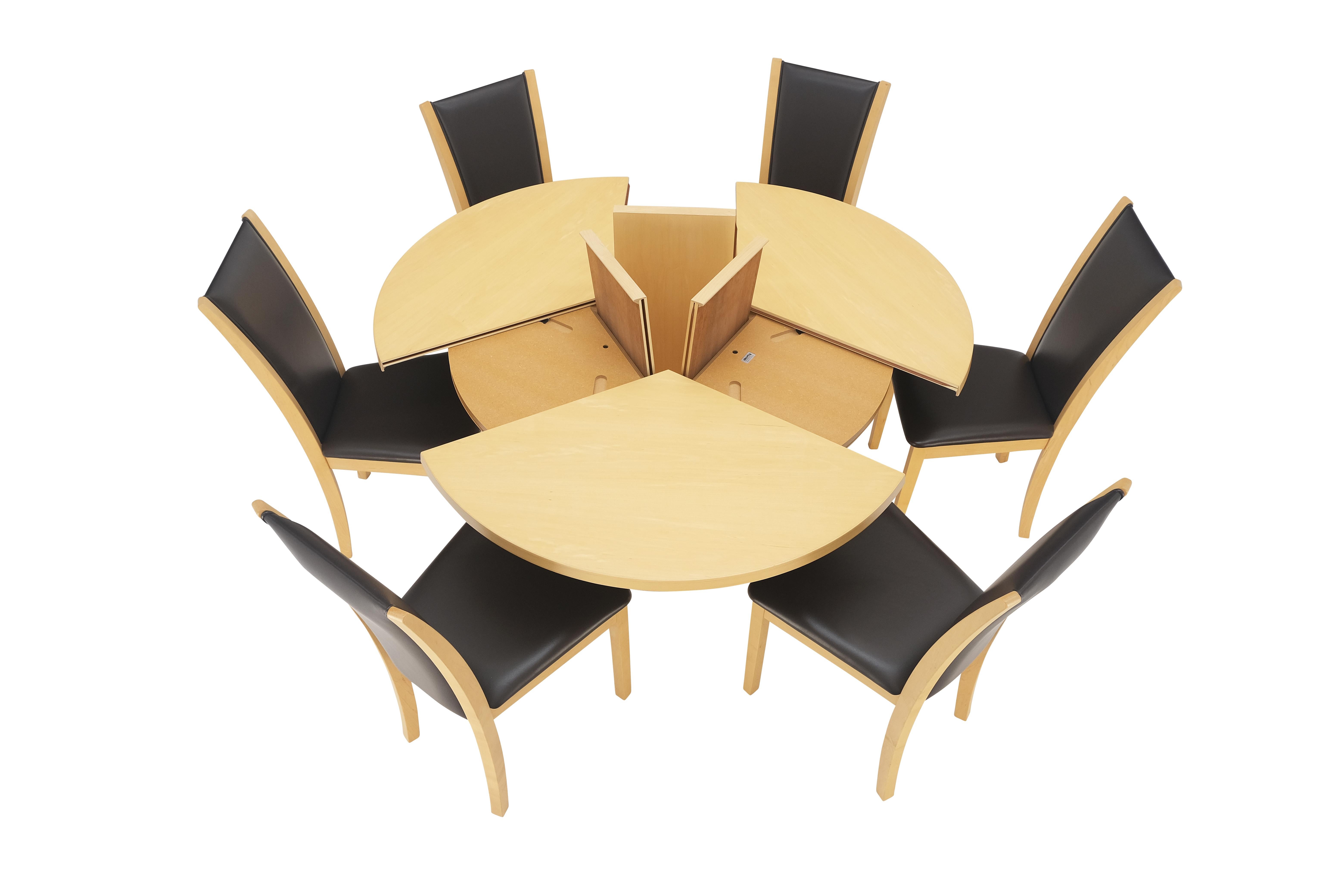 20th Century Rare Blond Maple Round Expandable Dining Table 6 Chairs Set Set Denmark MINT!  For Sale