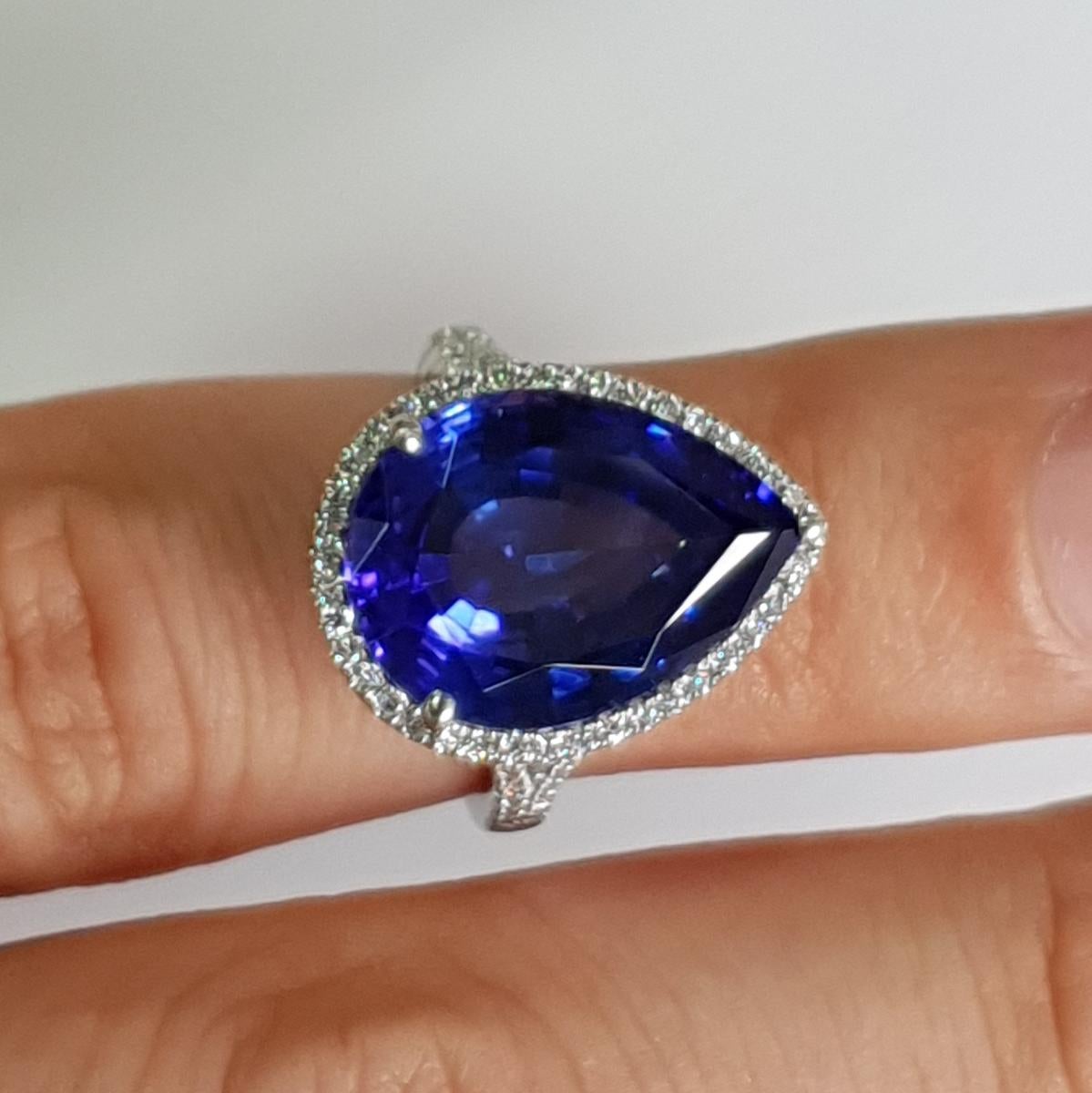 Women's Marcel Salloum Rare Blue 10 Ct Pear Tanzanite Diamond Engagement Ring Platinum For Sale