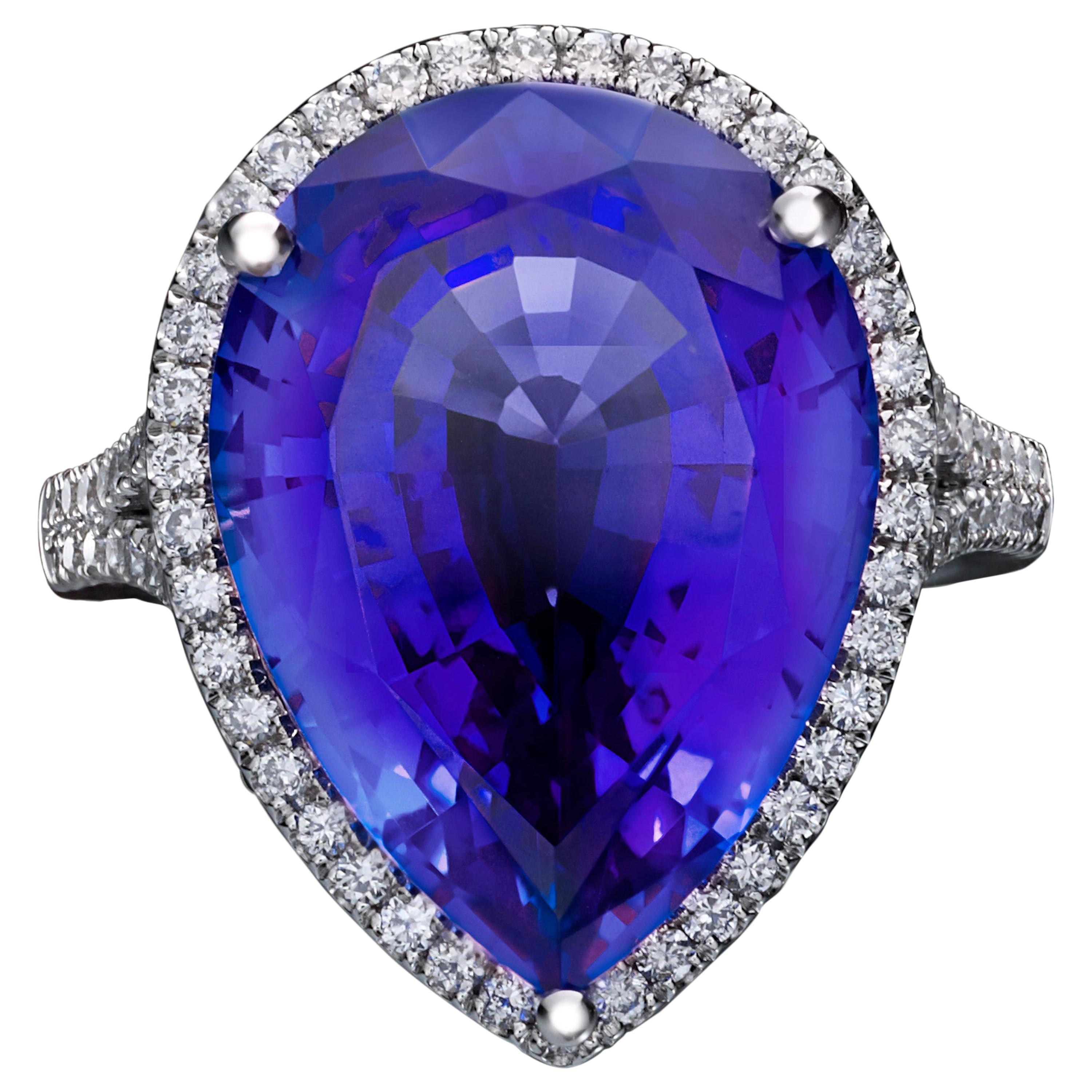 Marcel Salloum Rare Blue 10 Ct Pear Tanzanite Diamond Engagement Ring Platinum For Sale