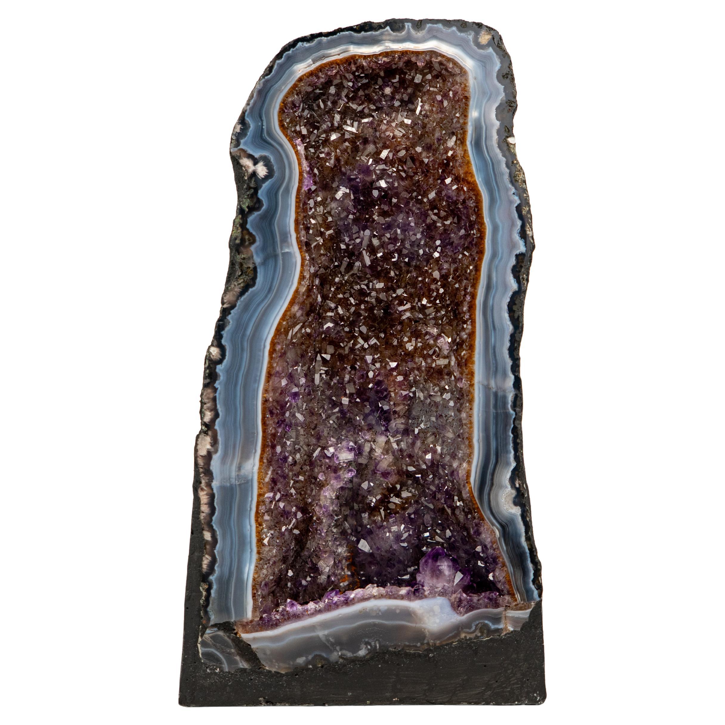 Rare Blue Agate Geode with Deep Purple Amethyst 
Cacoxenite Inclusions For Sale