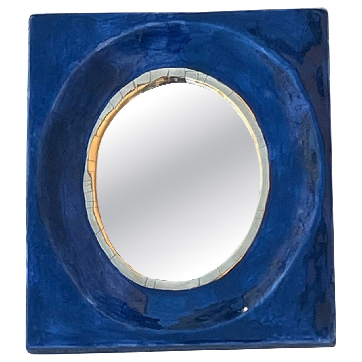 Rare blue and gilt glazed ceramic mirror, " Amélie" 1949 Mithé Espelt