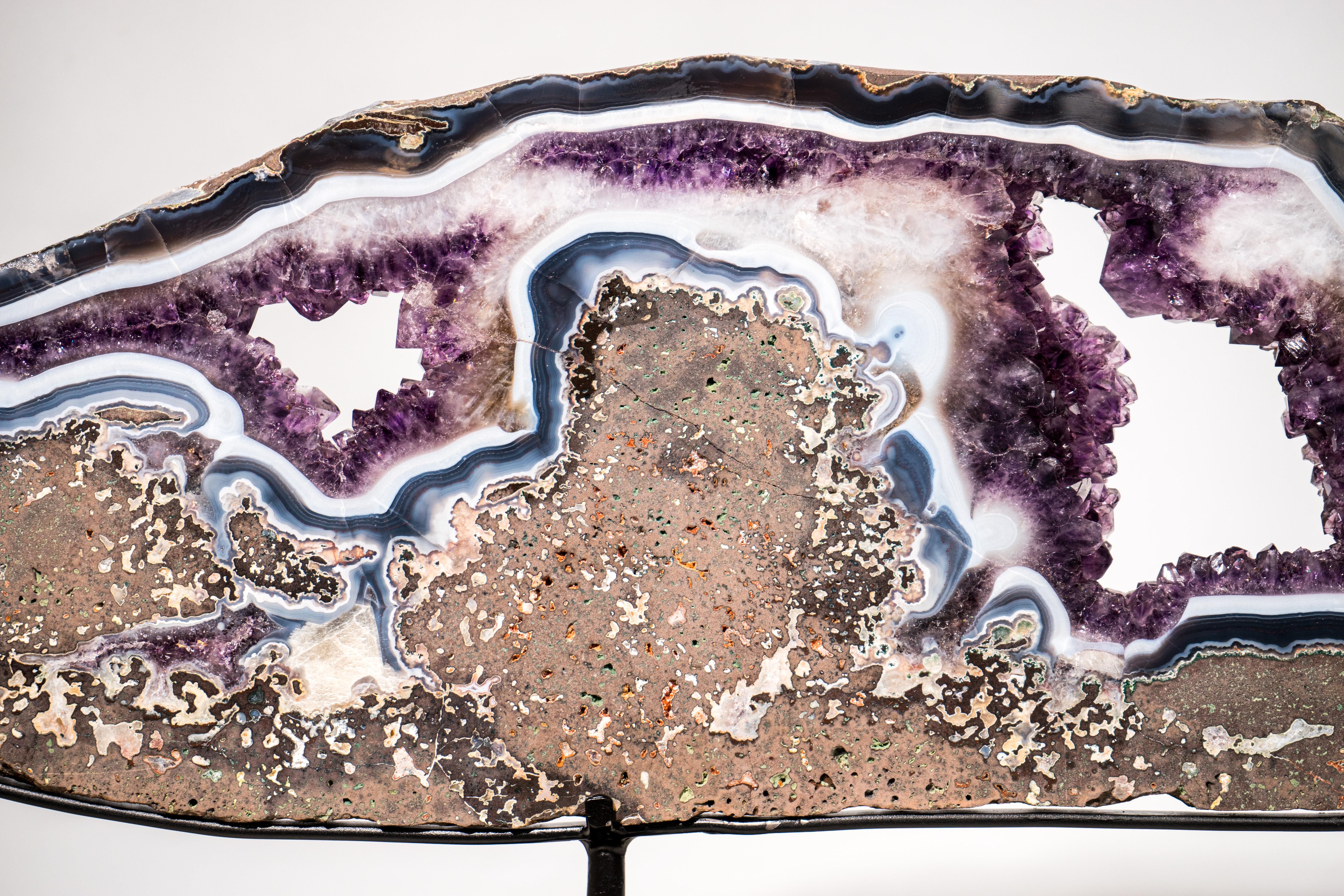 Rara Losa de Geoda de Ágata Azul y Blanca y Amatista Violeta, Bandeja de Cristal en venta 5