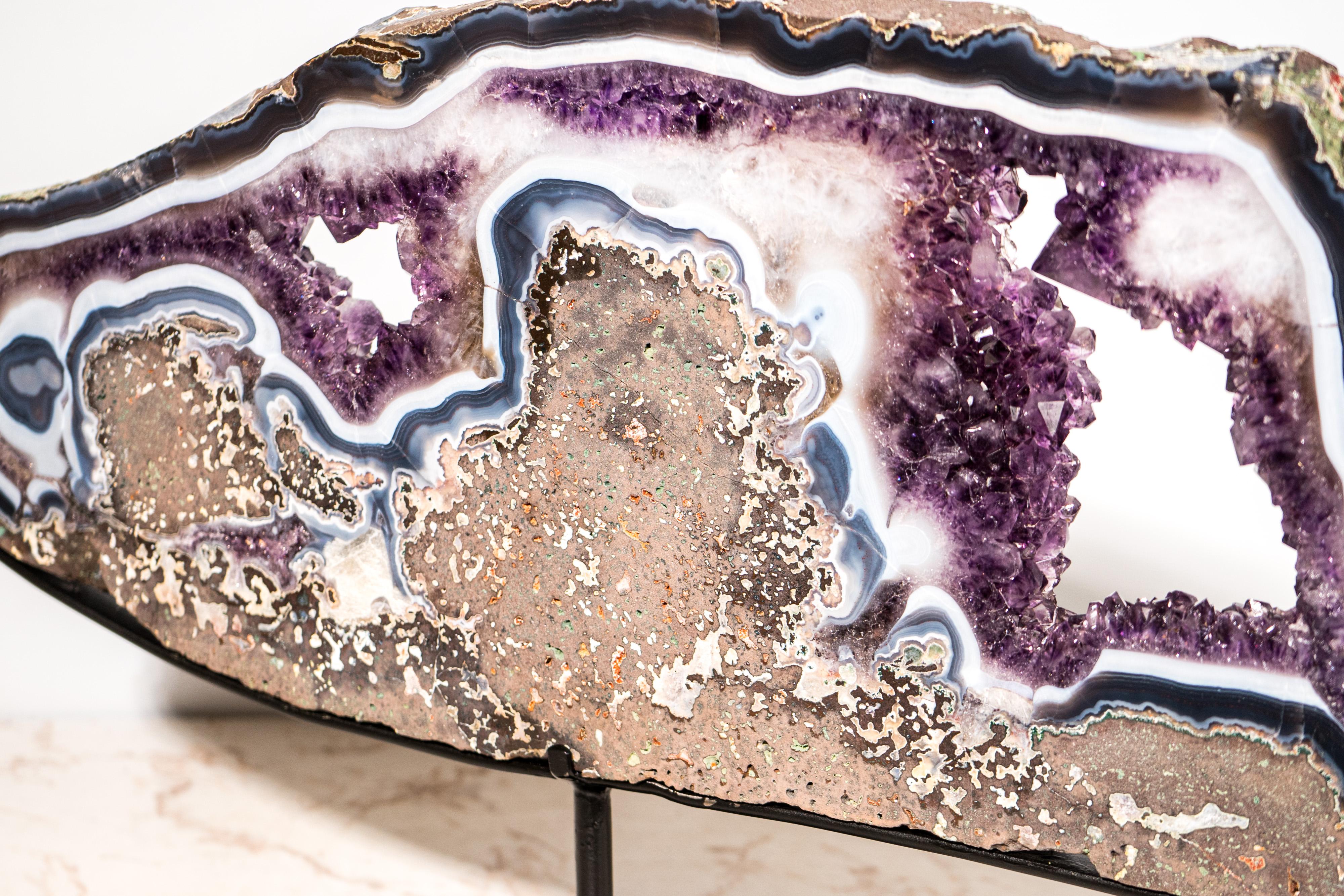 Rara Losa de Geoda de Ágata Azul y Blanca y Amatista Violeta, Bandeja de Cristal en venta 6