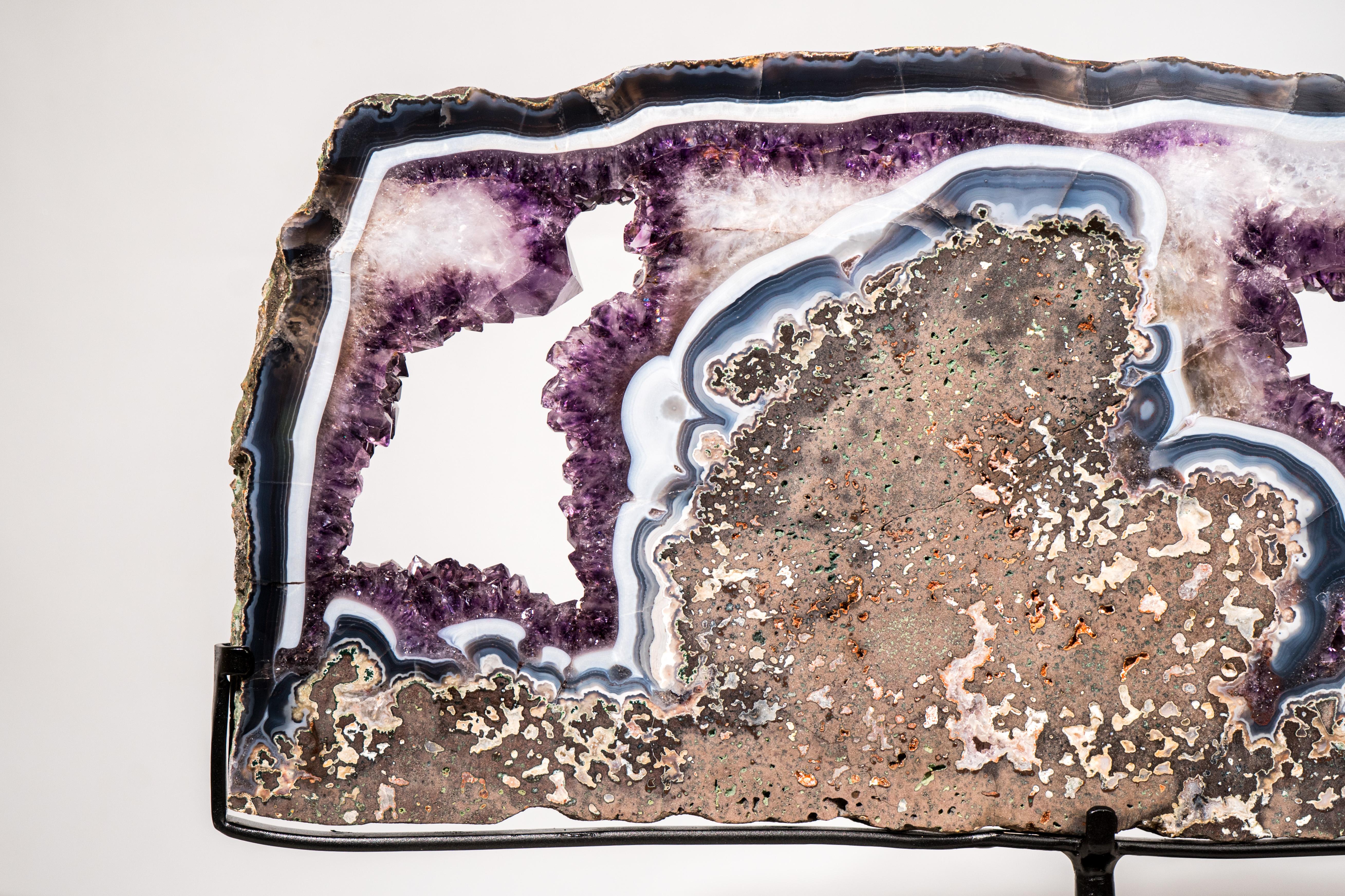 Rara Losa de Geoda de Ágata Azul y Blanca y Amatista Violeta, Bandeja de Cristal en venta 1