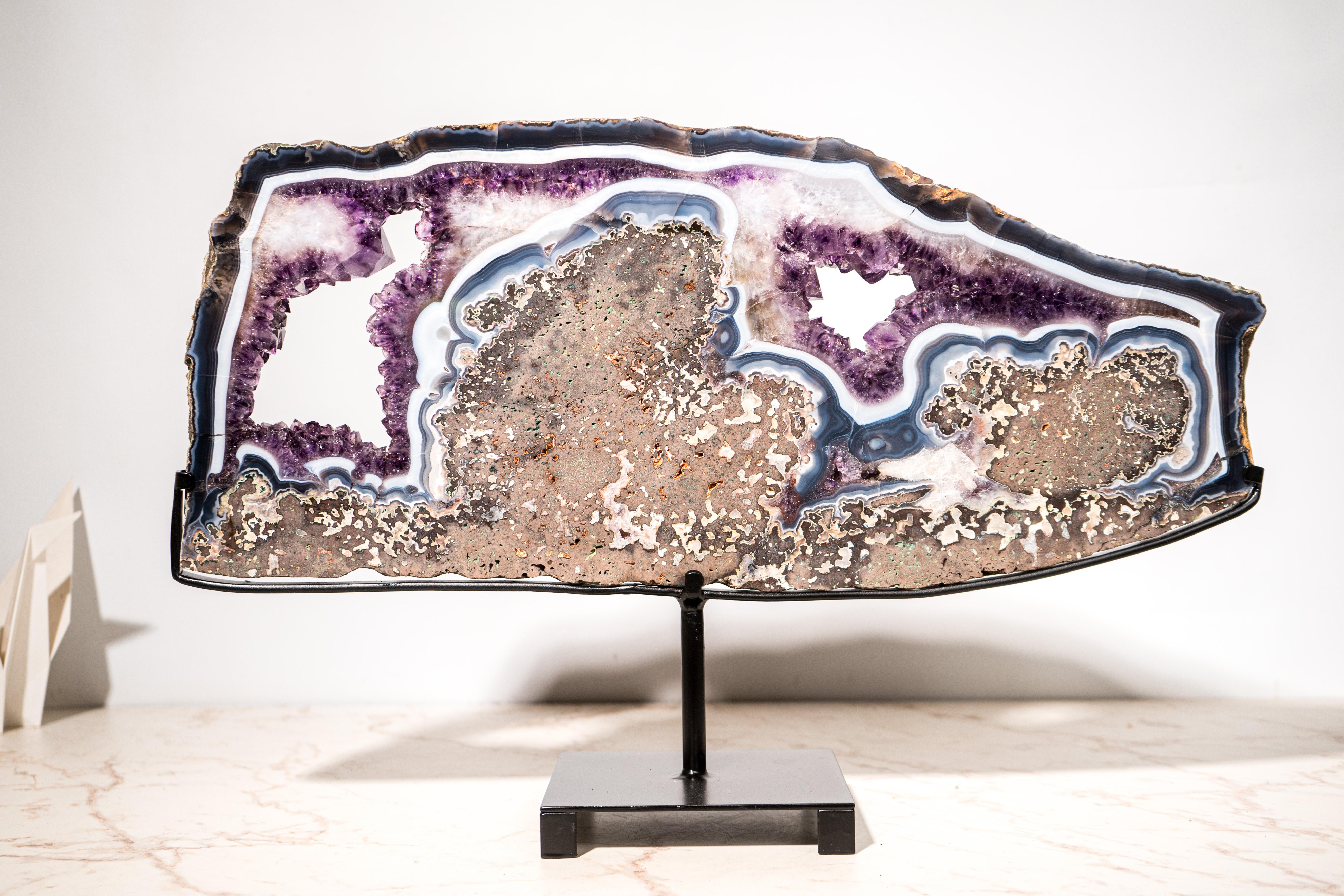 Rara Losa de Geoda de Ágata Azul y Blanca y Amatista Violeta, Bandeja de Cristal en venta 2