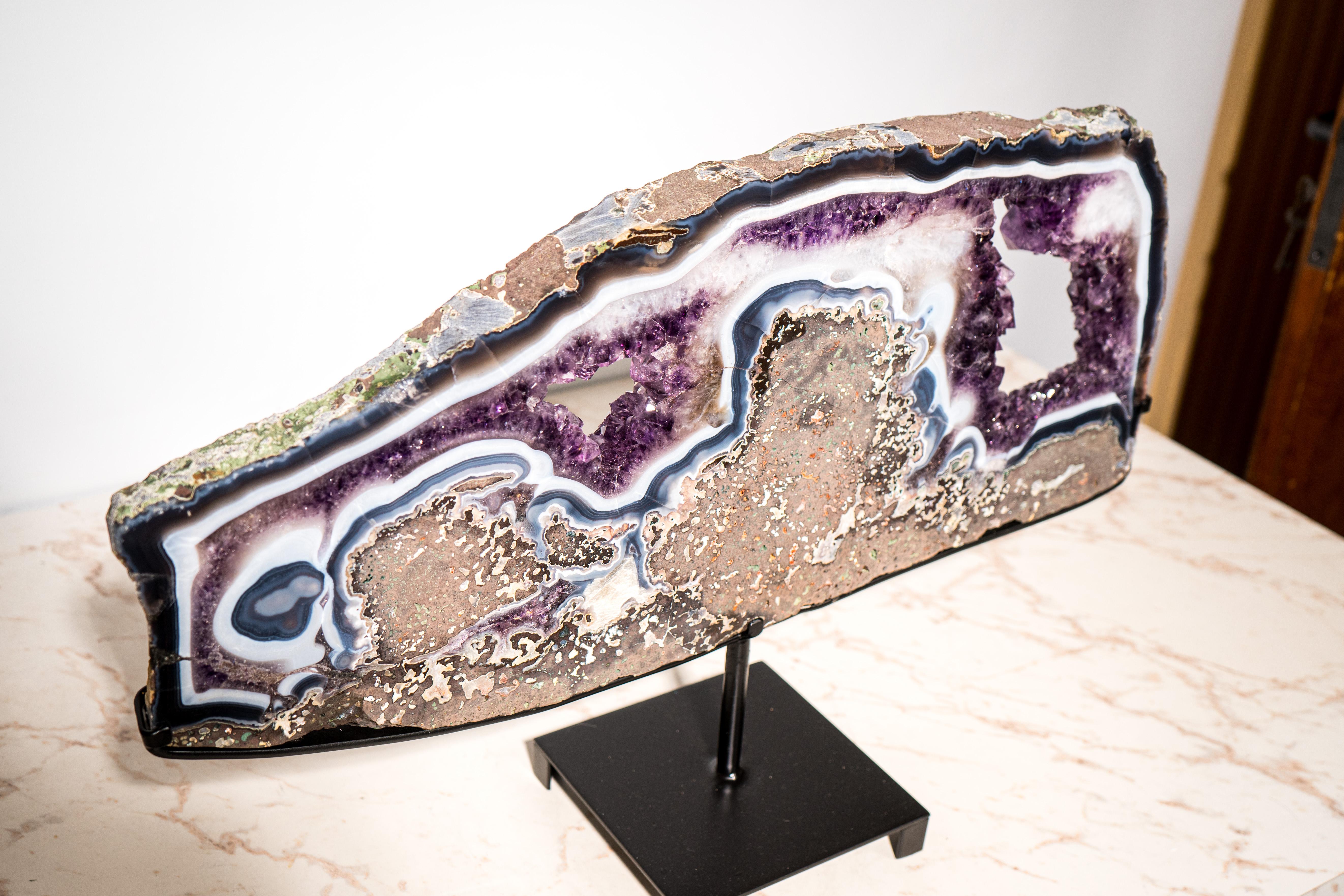 Rara Losa de Geoda de Ágata Azul y Blanca y Amatista Violeta, Bandeja de Cristal en venta 3