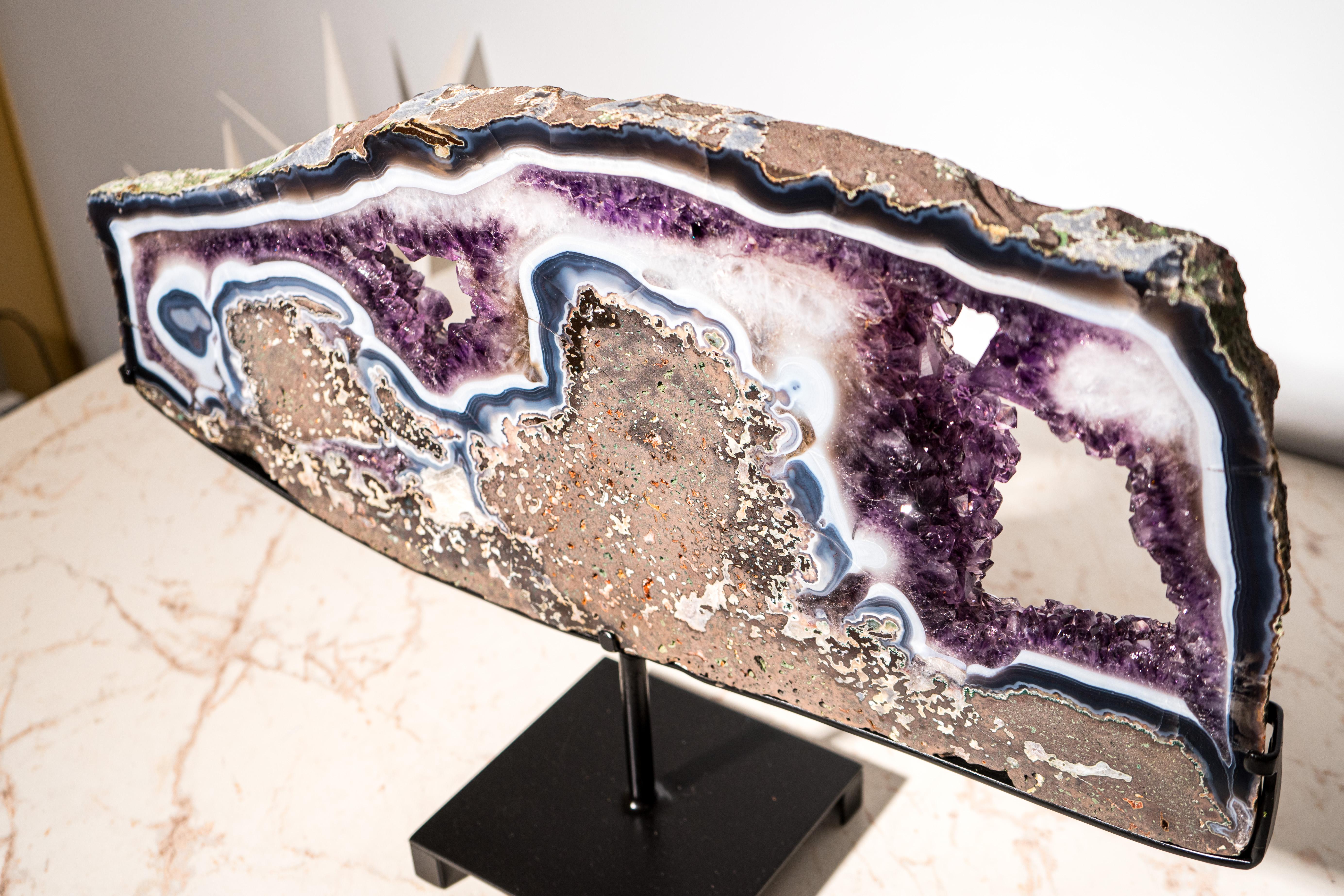 Rara Losa de Geoda de Ágata Azul y Blanca y Amatista Violeta, Bandeja de Cristal en venta 4