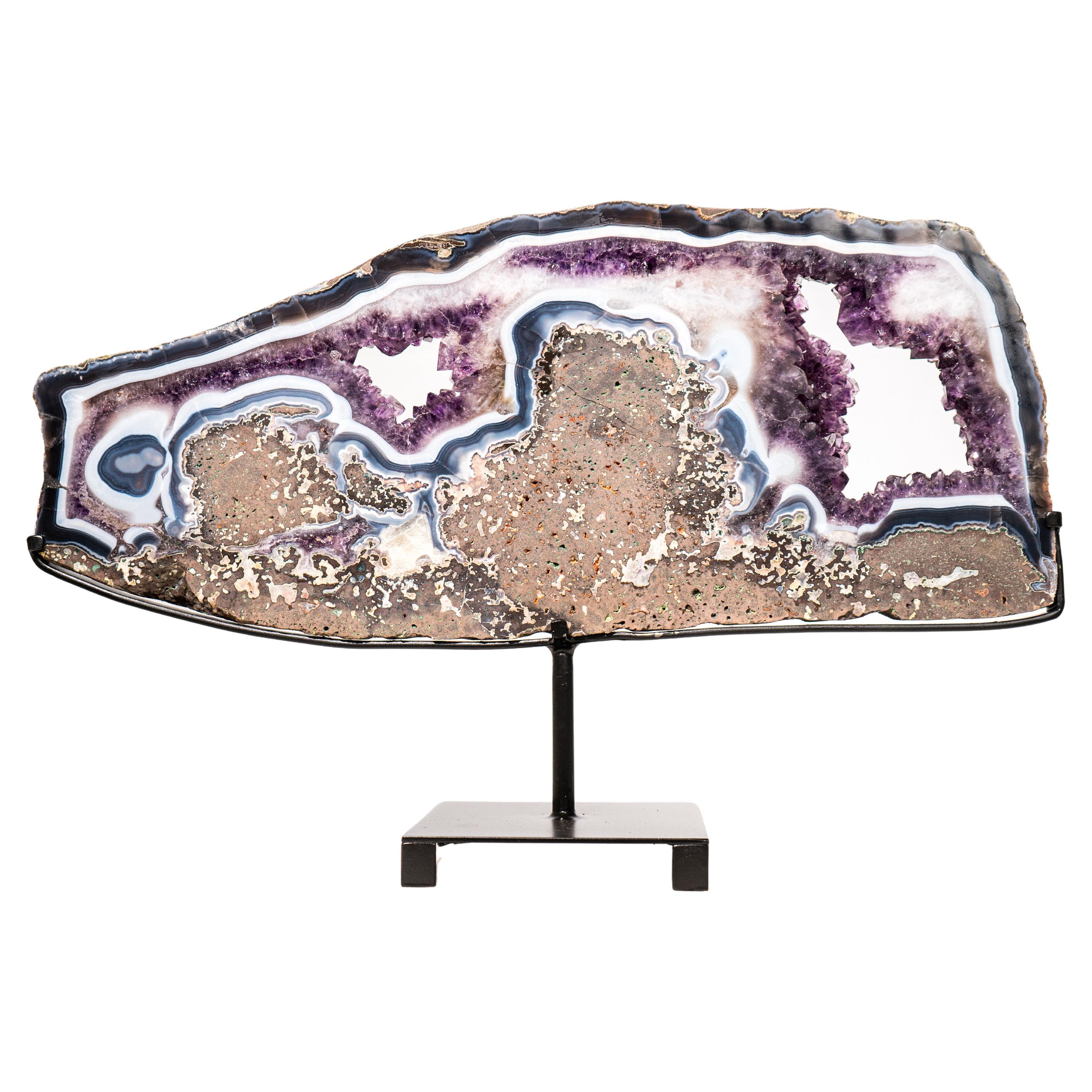 Rara Losa de Geoda de Ágata Azul y Blanca y Amatista Violeta, Bandeja de Cristal en venta