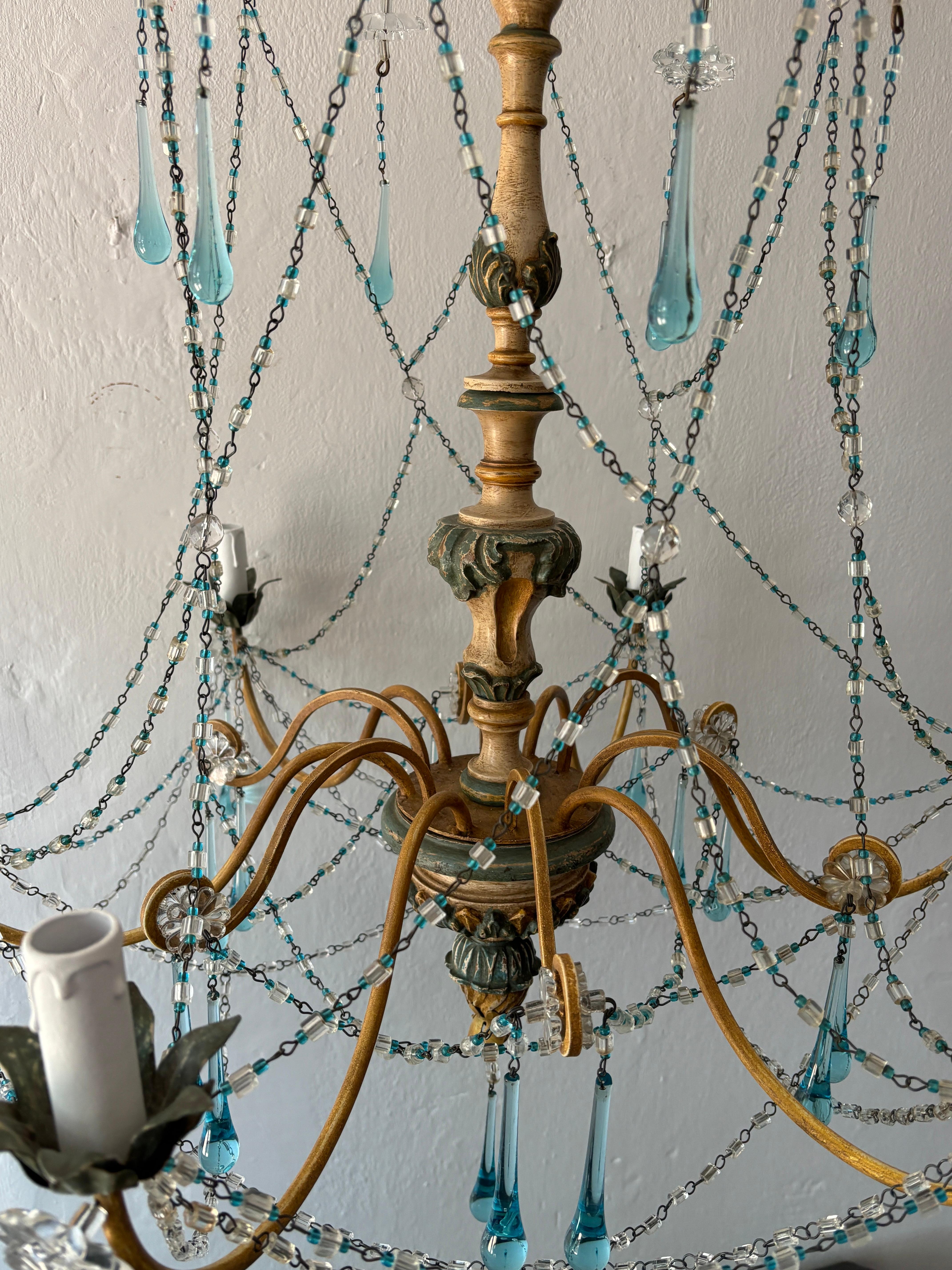 Rare lustre à gouttes en cristal de Murano Wood Wood, bleu et jaune, circa 1900 en vente 4