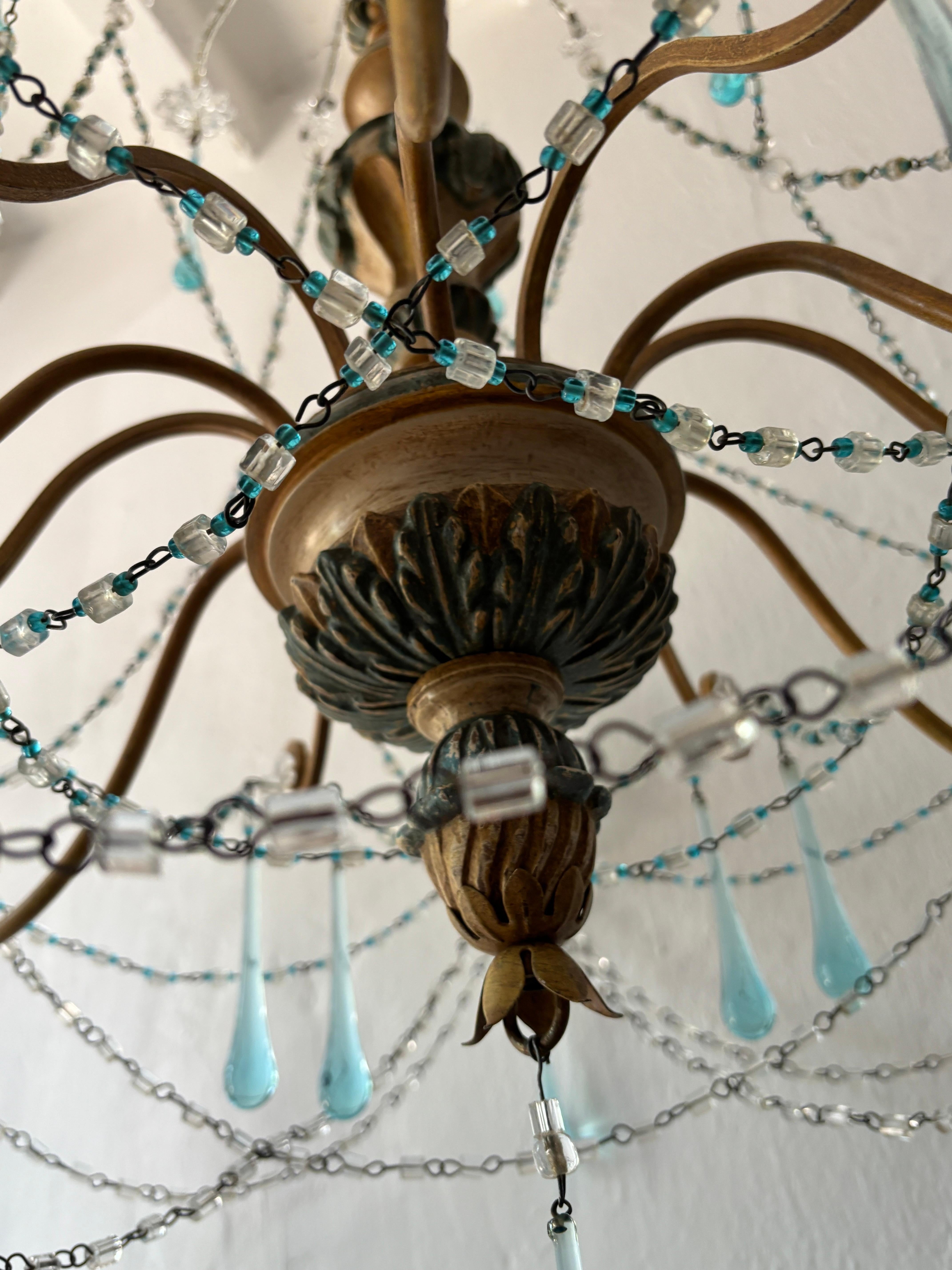 Rare lustre à gouttes en cristal de Murano Wood Wood, bleu et jaune, circa 1900 en vente 5