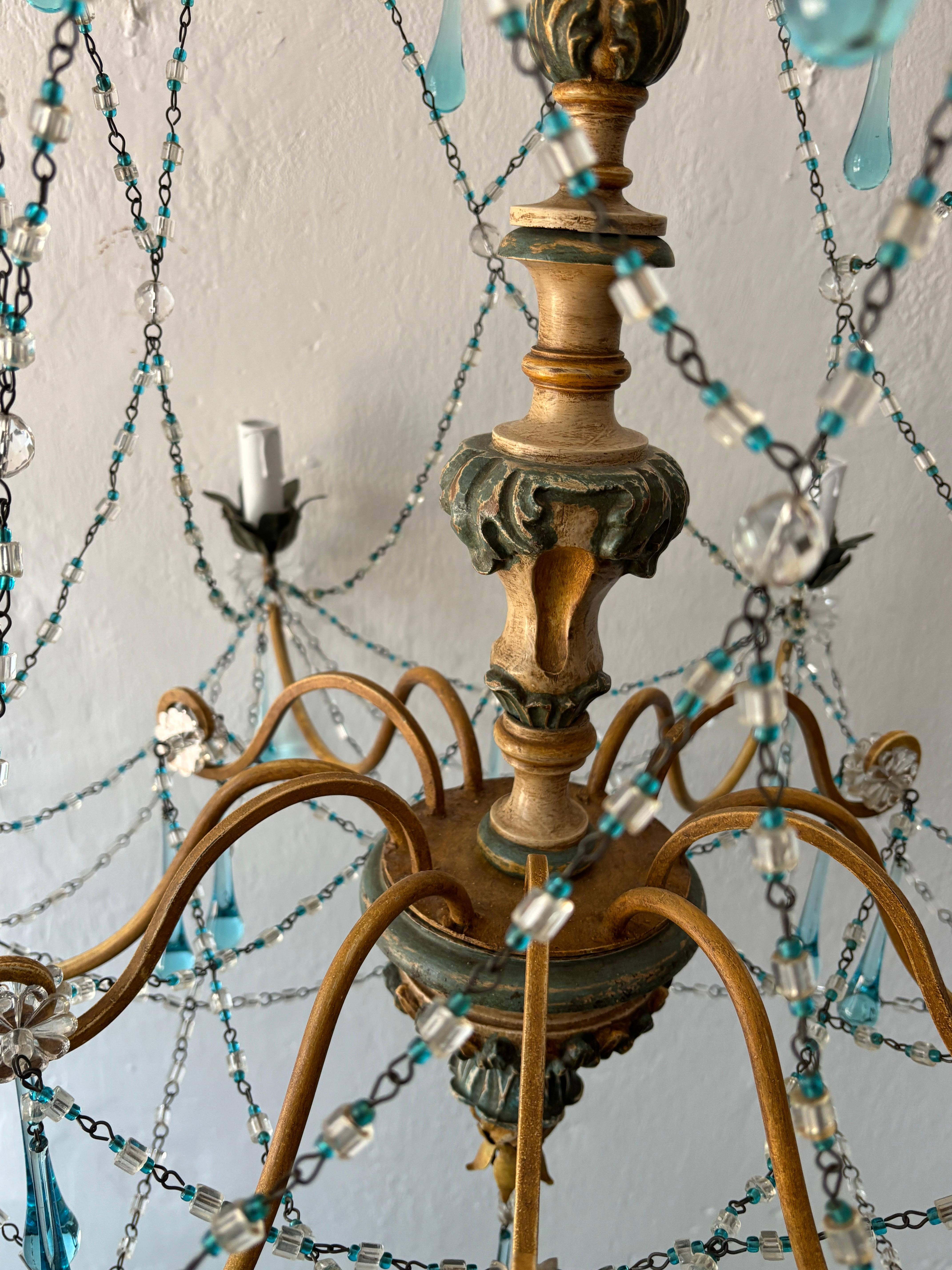 Rare lustre à gouttes en cristal de Murano Wood Wood, bleu et jaune, circa 1900 en vente 6