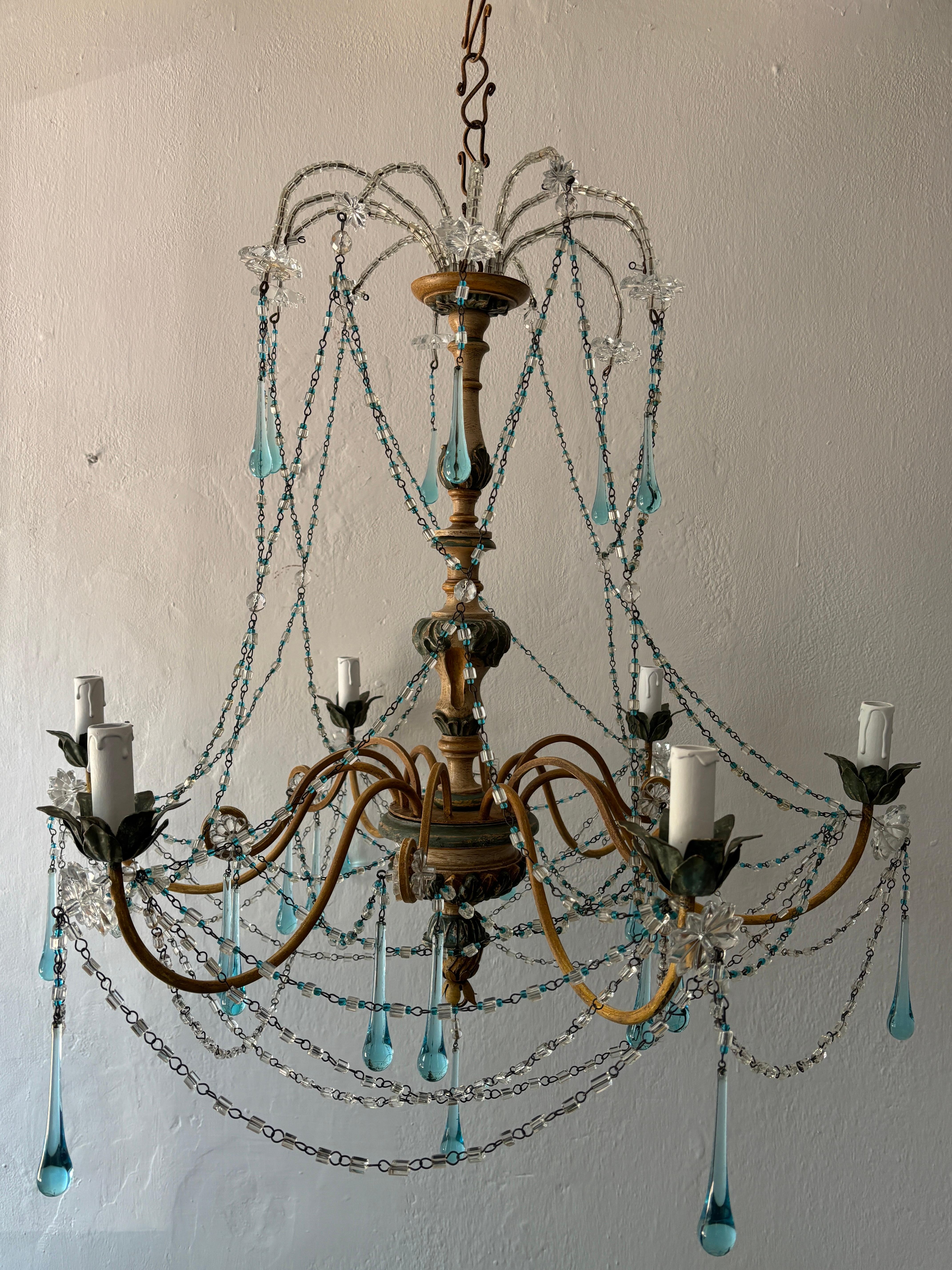 Rare lustre à gouttes en cristal de Murano Wood Wood, bleu et jaune, circa 1900 en vente 7