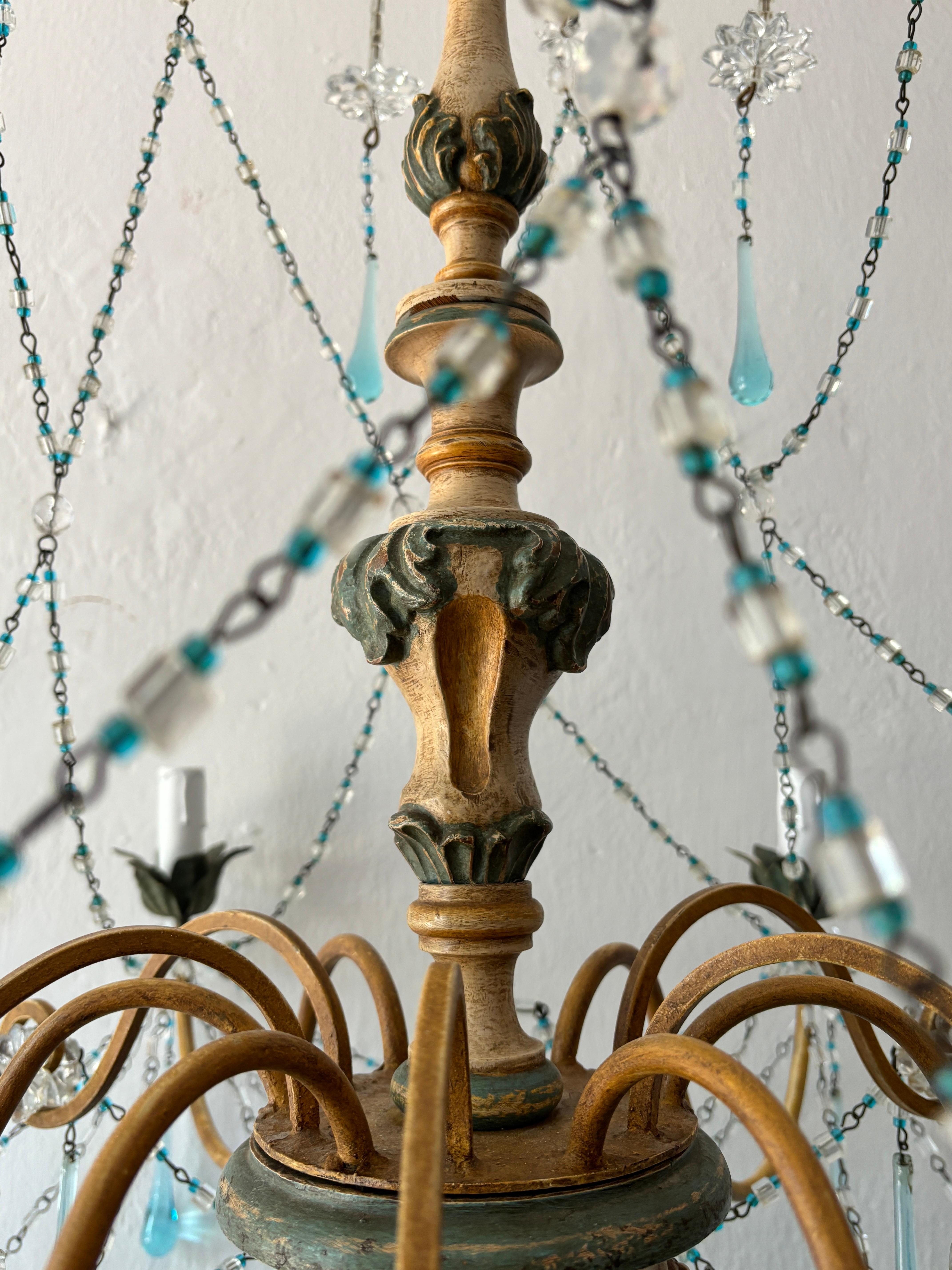 Début du 20ème siècle Rare lustre à gouttes en cristal de Murano Wood Wood, bleu et jaune, circa 1900 en vente