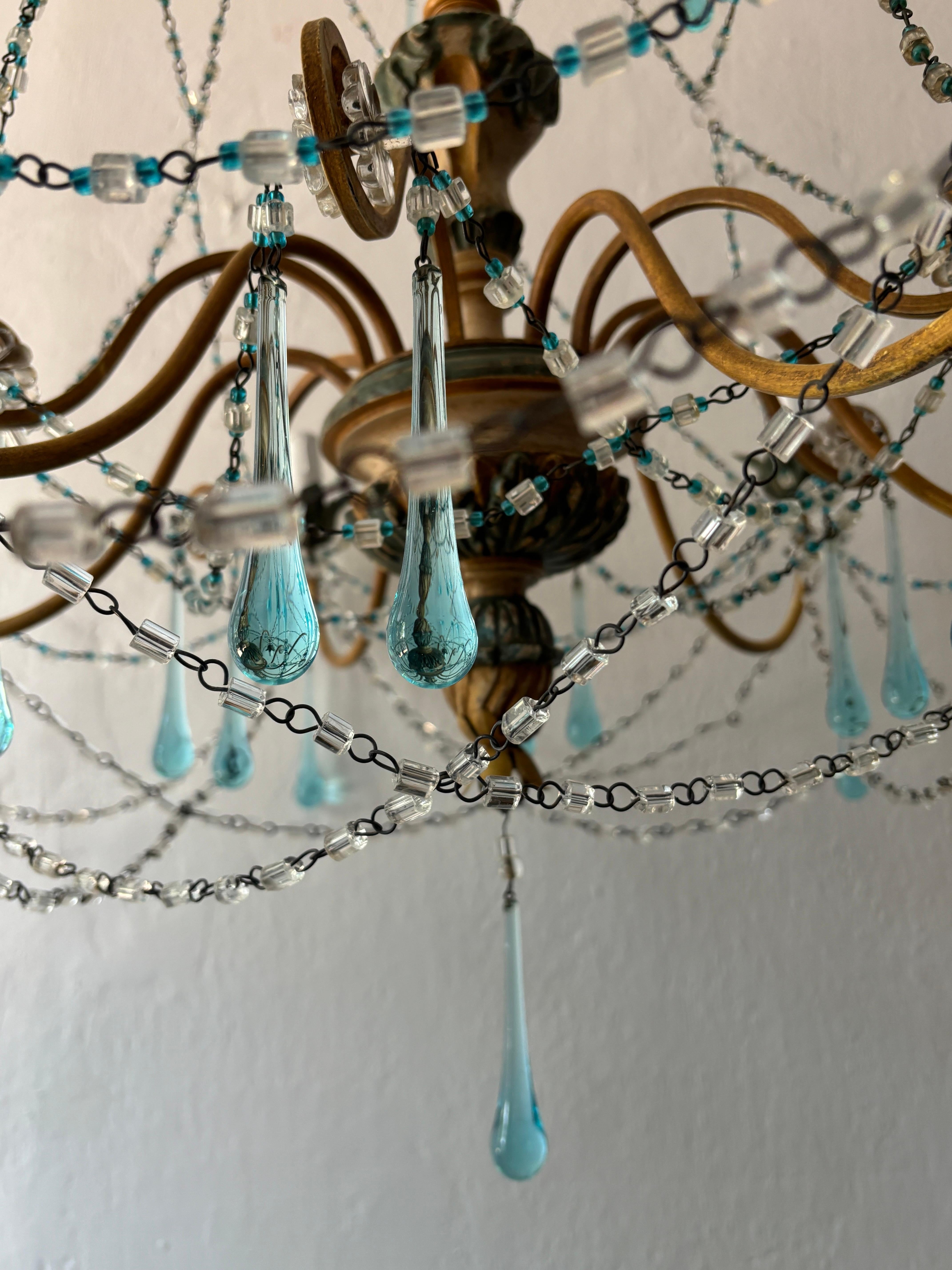 Rare lustre à gouttes en cristal de Murano Wood Wood, bleu et jaune, circa 1900 en vente 1