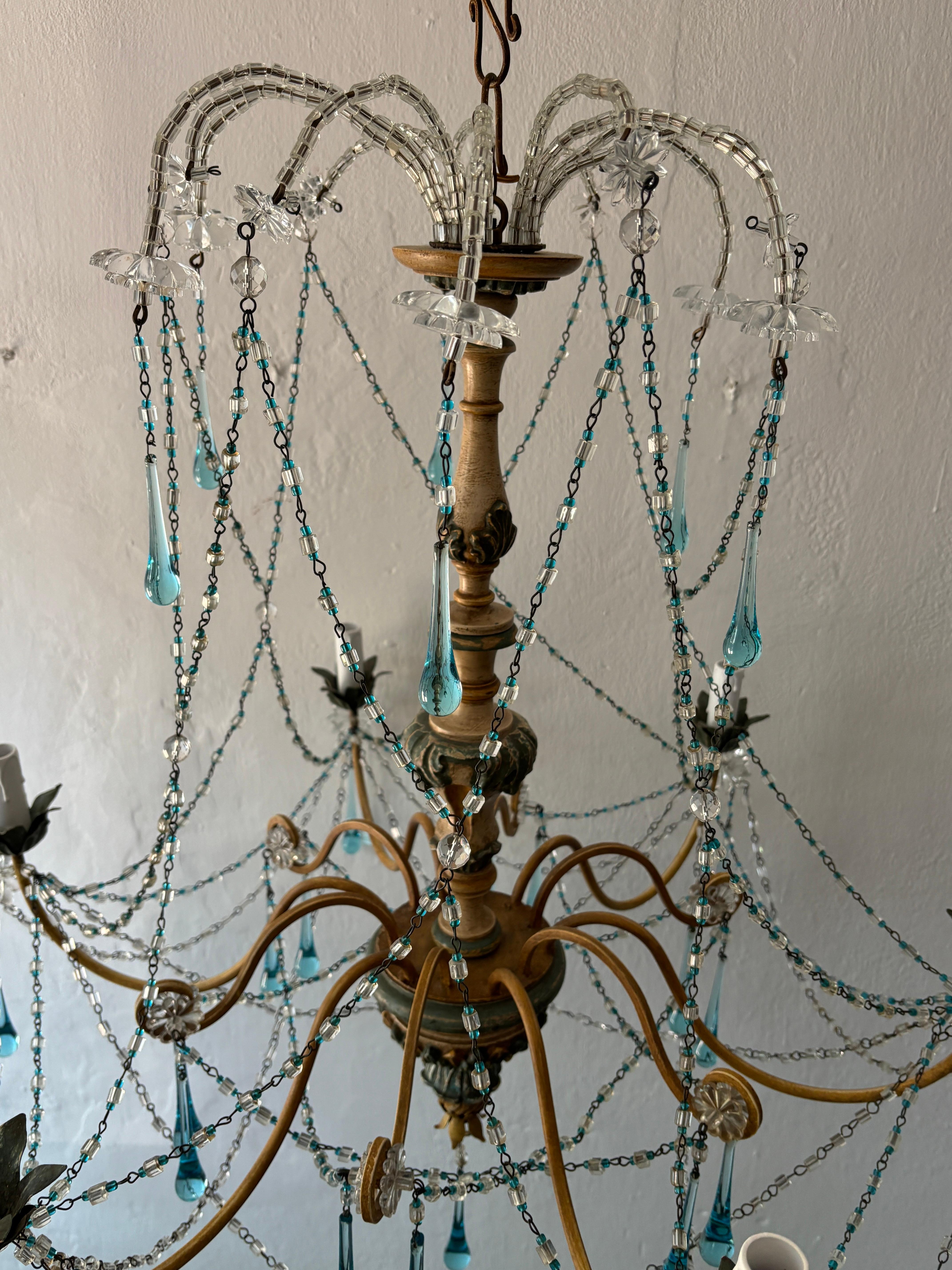 Rare lustre à gouttes en cristal de Murano Wood Wood, bleu et jaune, circa 1900 en vente 3