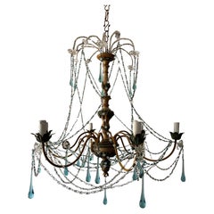 Seltener Kronleuchter aus blauem und gelbem Genueser Murano-Kristall mit Tropfen, um 1900