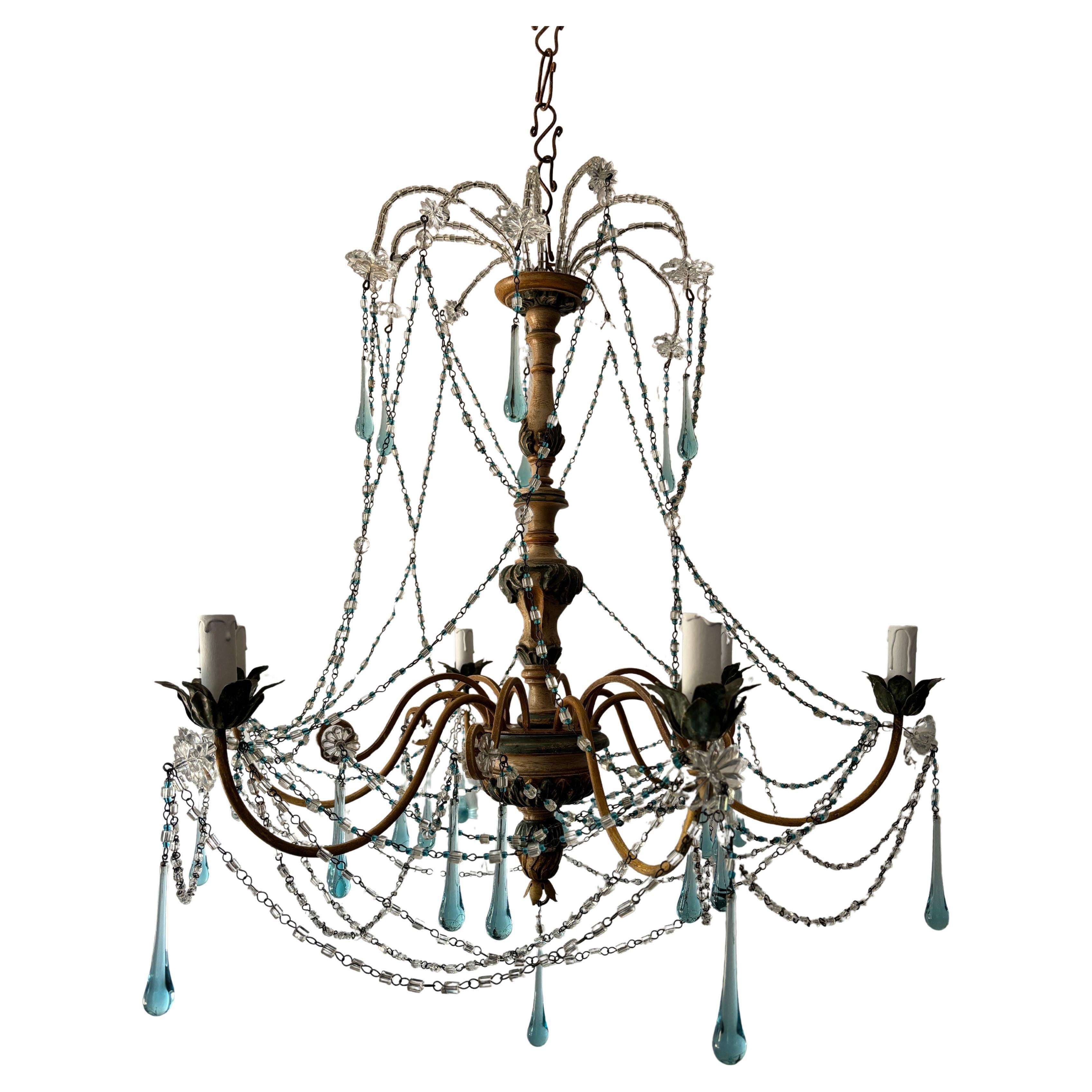 Rare lustre à gouttes en cristal de Murano Wood Wood, bleu et jaune, circa 1900 en vente