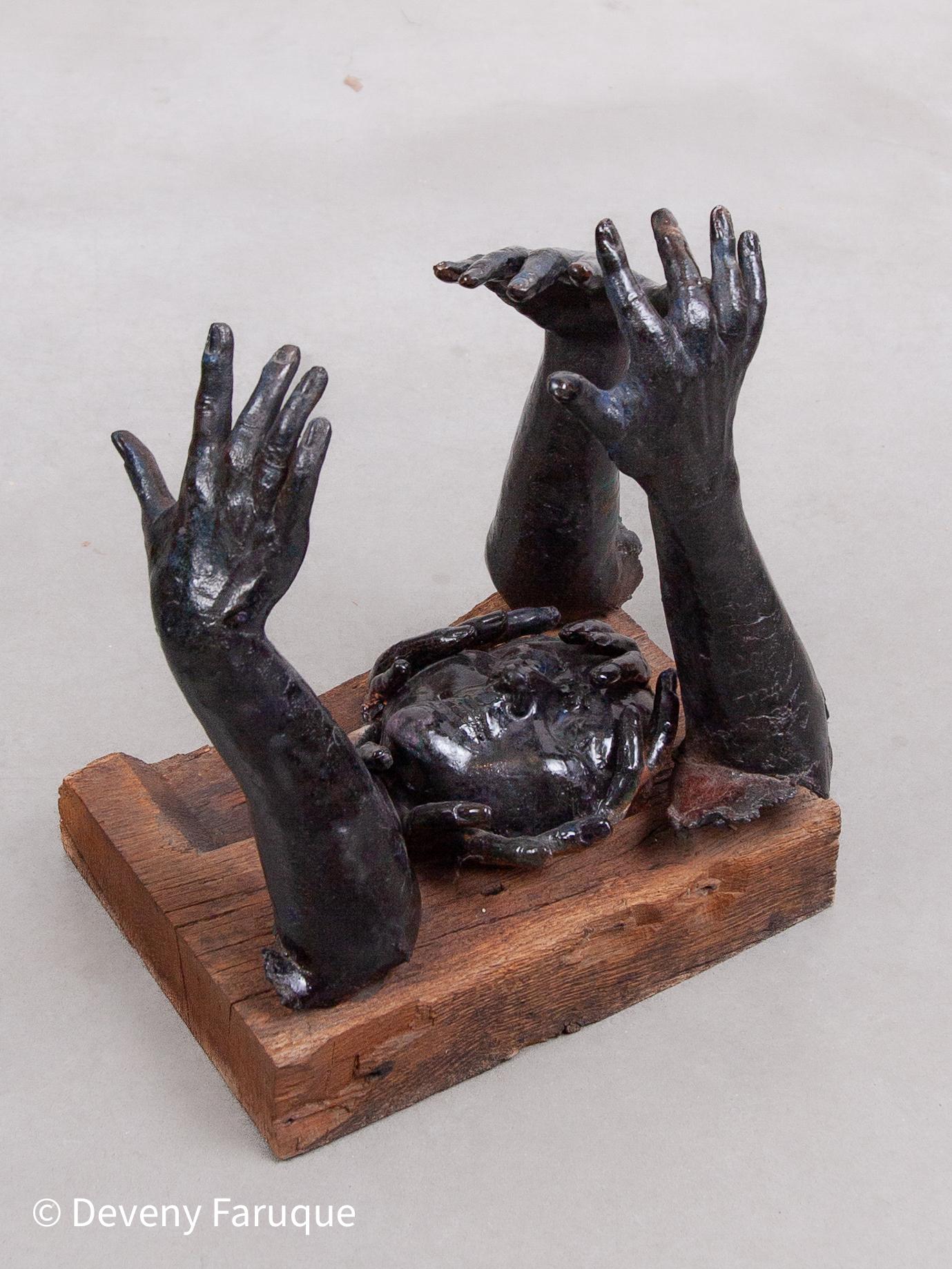 Belgian Rare Blue Glazed Ceramic Sculpture Decorated with Hands, 1970s, Belgium For Sale