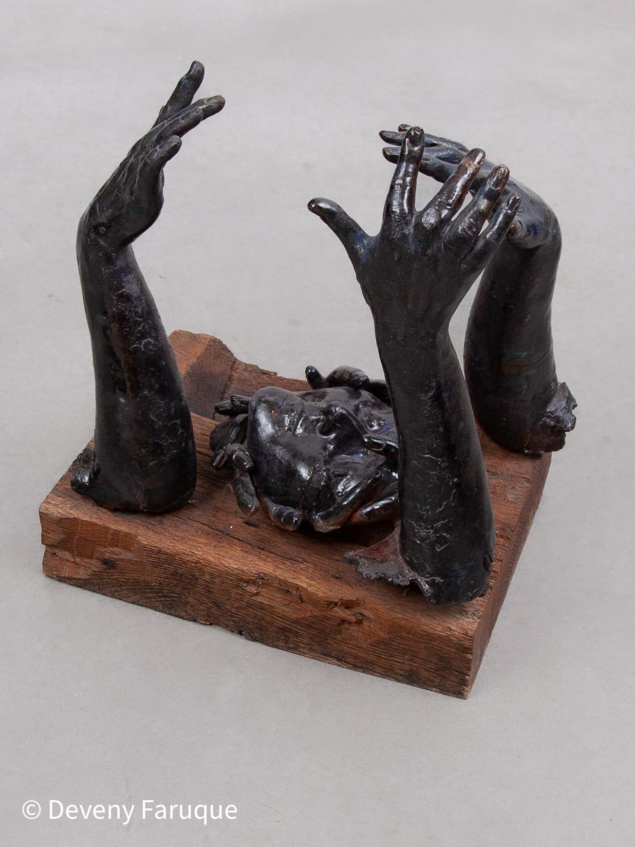 Late 20th Century Rare Blue Glazed Ceramic Sculpture Decorated with Hands, 1970s, Belgium For Sale