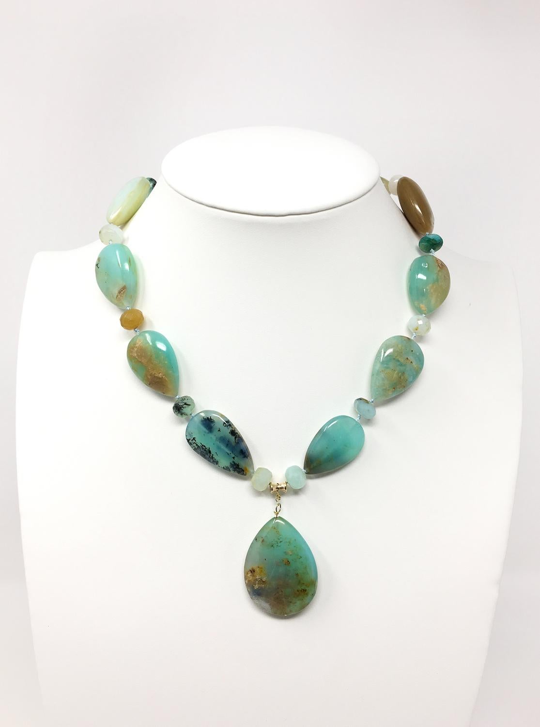 Natural Peruvian Opals Mixed colors Large Teardrop Necklace: 18KT and 14KT Gold.  Stunning large teardrop opals strung on a modern silk cord, gold french wire. 18KT gold clasp, 14KT gold spacer.  18KT GF beads and Gold french wire. No wear. Length