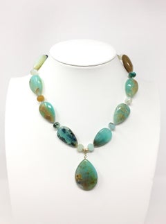 Rare Blue Green Peruvian Opals Teardrop Collar Necklace 18KT, 14KT Gold