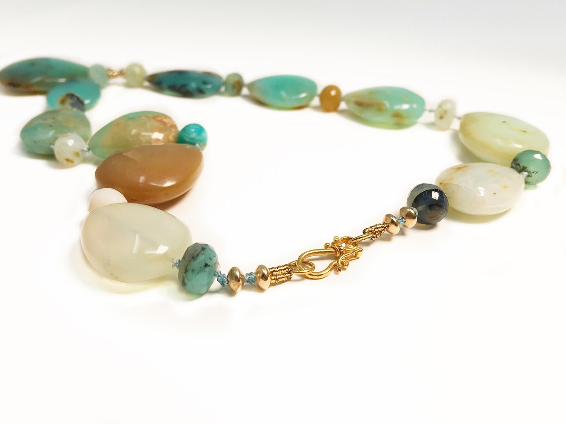Contemporary Rare Blue Green Peruvian Opals Teardrop Collar Necklace 18KT, 14KT Gold  For Sale