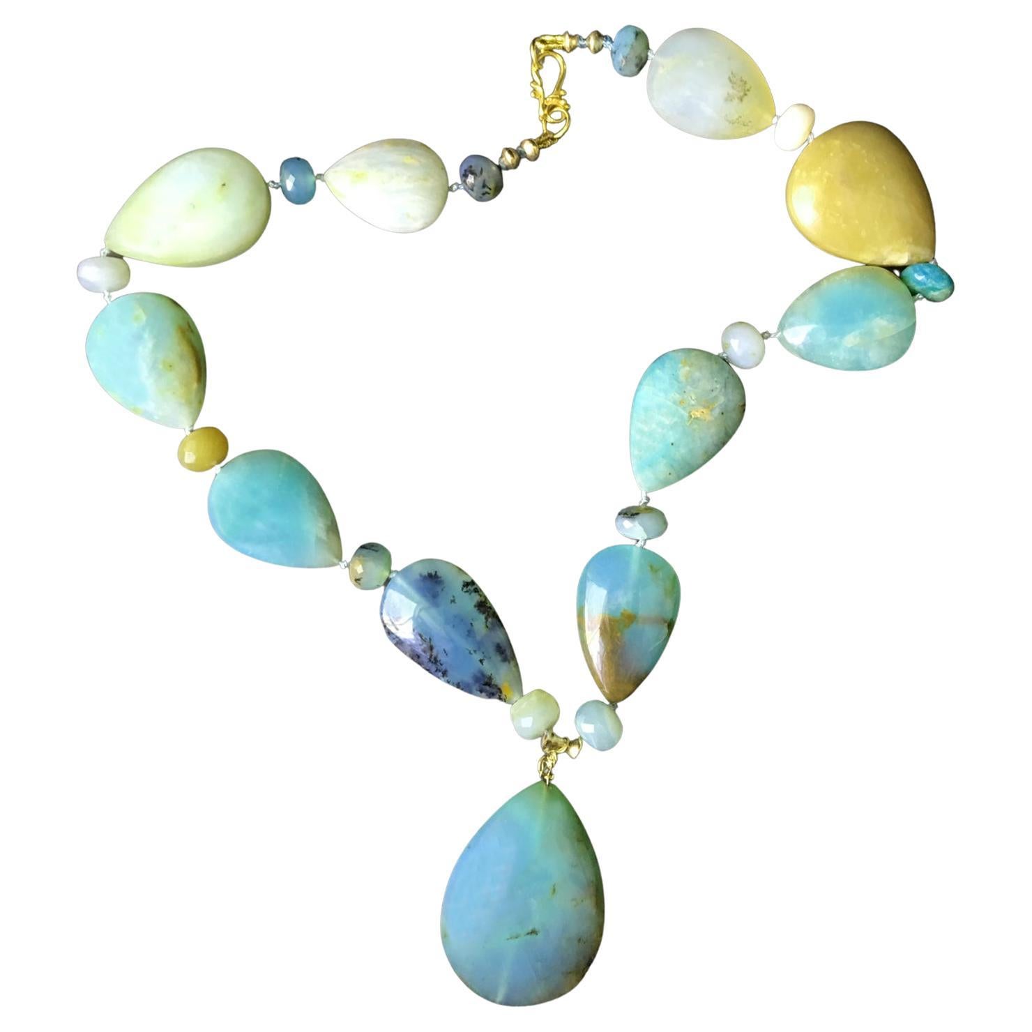 Mixed Cut Rare Blue Green Peruvian Opals Teardrop Collar Necklace 18KT, 14KT Gold  For Sale