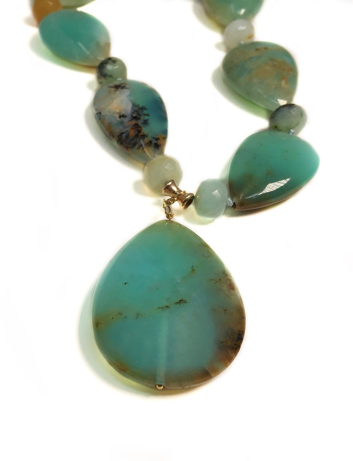Rare Blue Green Peruvian Opals Teardrop Collar Necklace 18KT, 14KT Gold  In Excellent Condition For Sale In Newport Coast, CA
