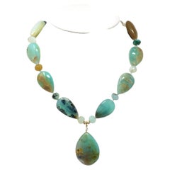 Rare Blue Green Peruvian Opals Teardrop Collar Necklace 18KT, 14KT Gold 